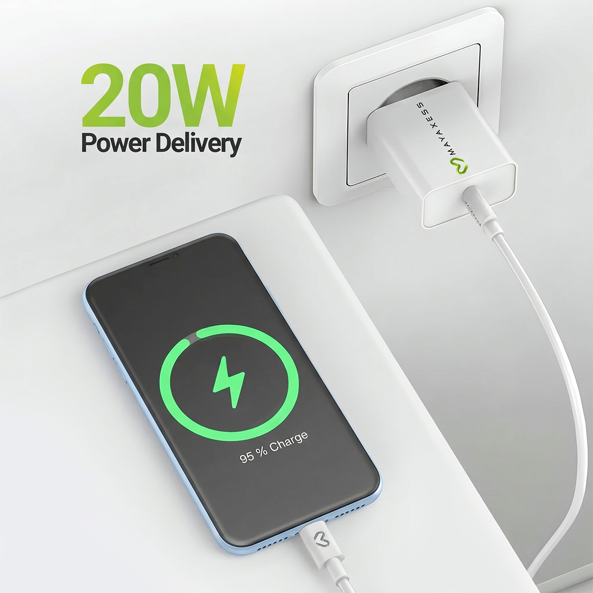 Ein weißer 20W Netzstecker lädt ein Smartphone, das zu 95% aufgeladen ist.