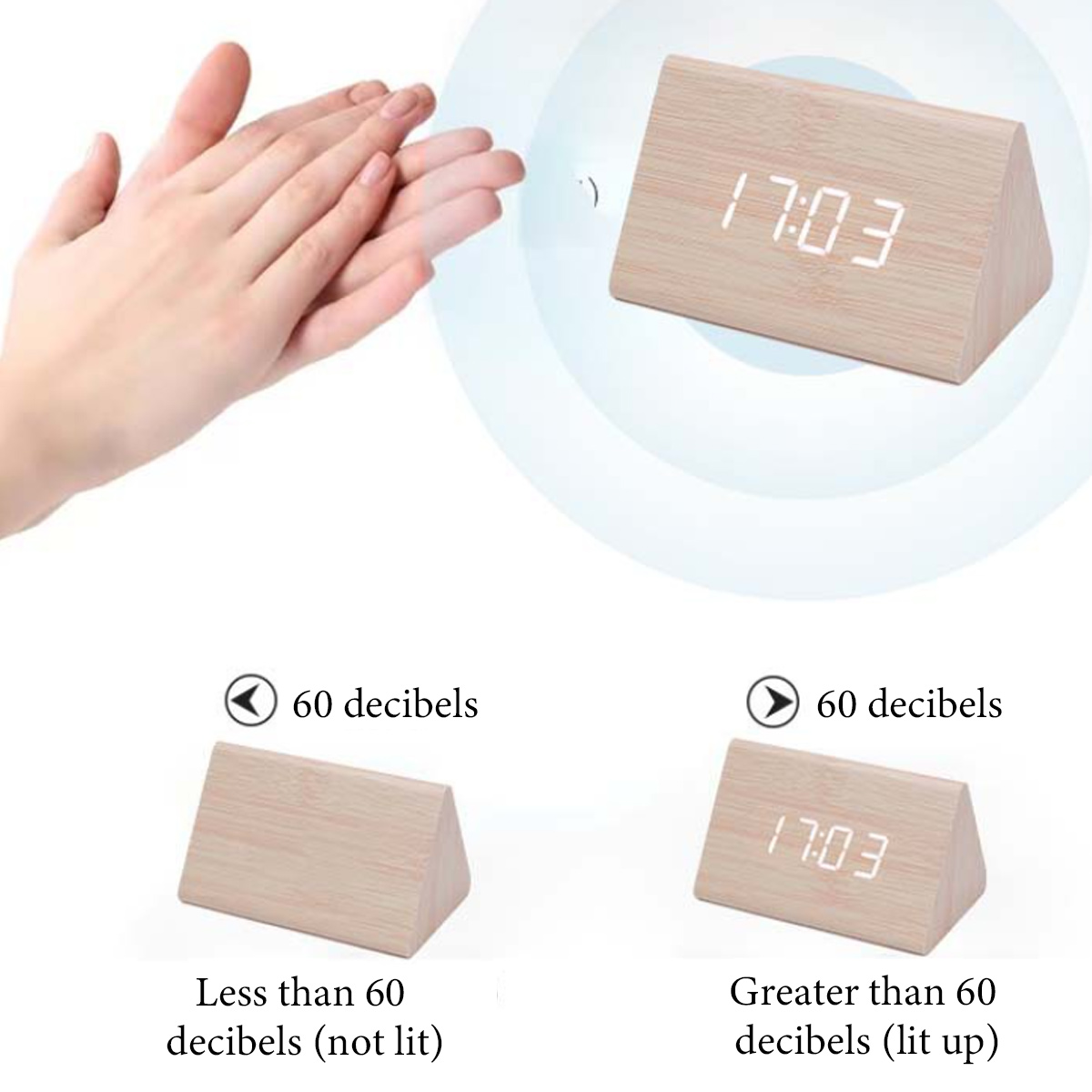 Eine hölzerne Dreiecksuhr zeigt 17:03. Händeklatschen zur Aktivierung. Unten: Uhr unbeleuchtet und beleuchtet.