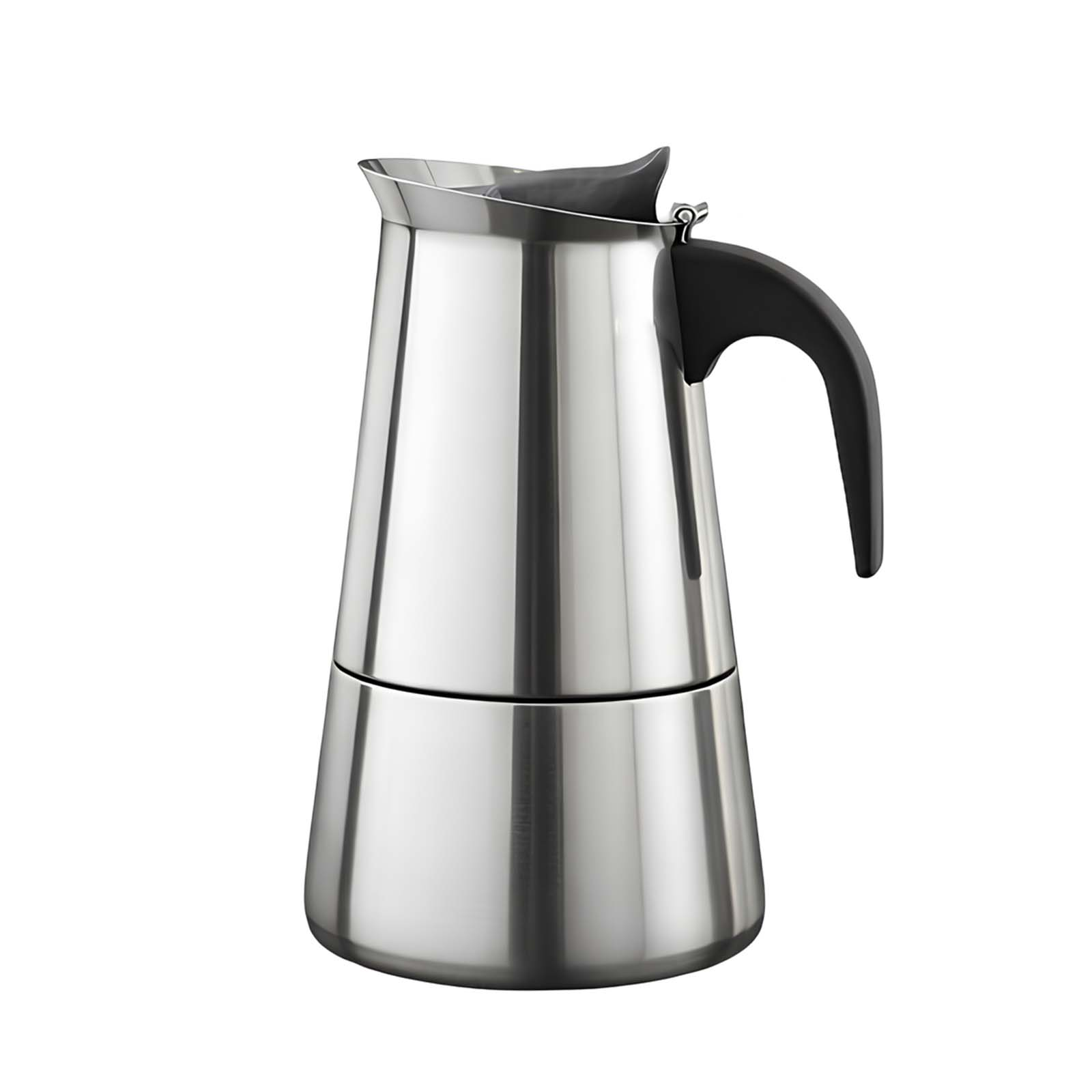 Eine silberne Espressokanne mit schwarzem Griff auf weißem Hintergrund.