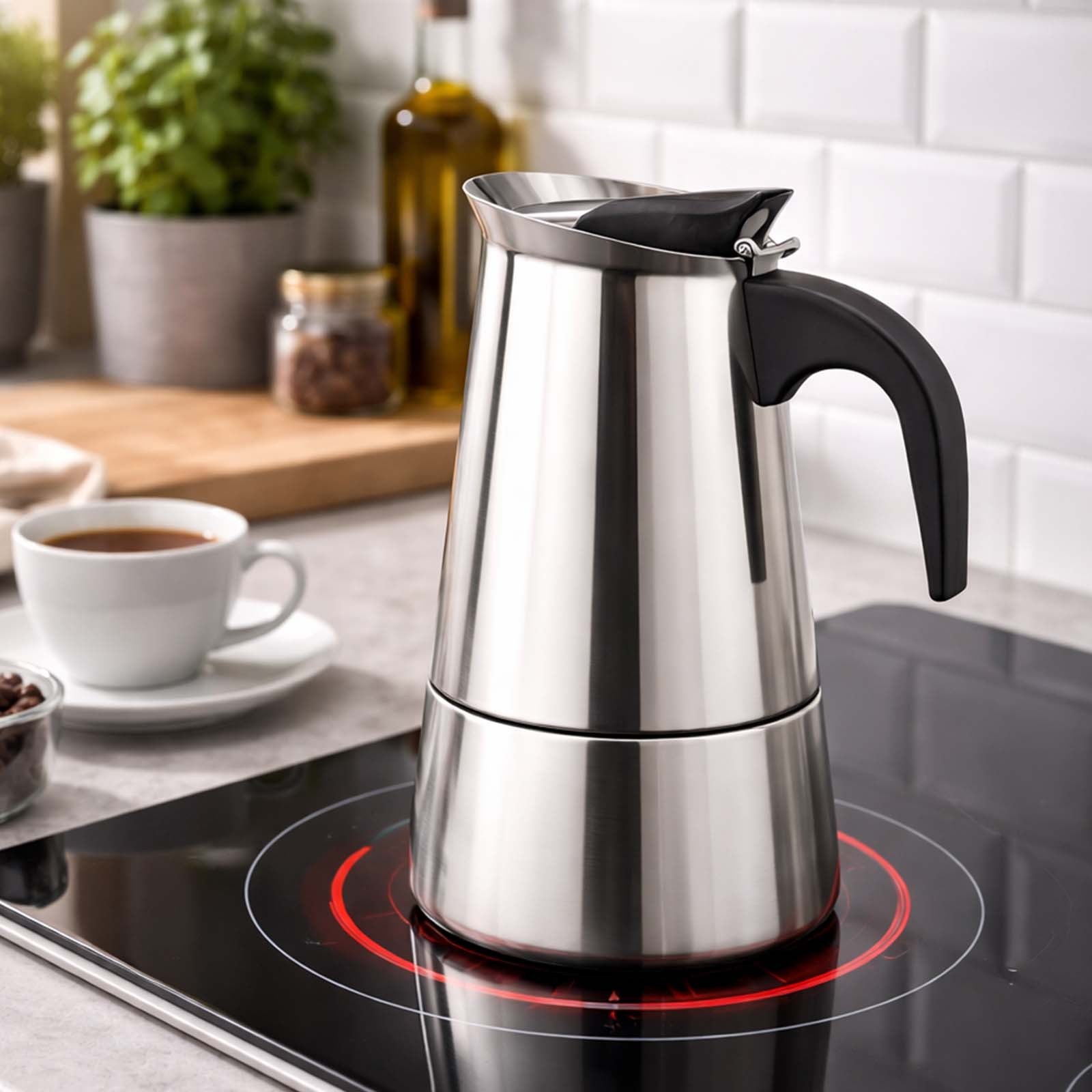 Eine Silber-Espressokanne mit schwarzem Griff steht auf einem Induktionskochfeld.
