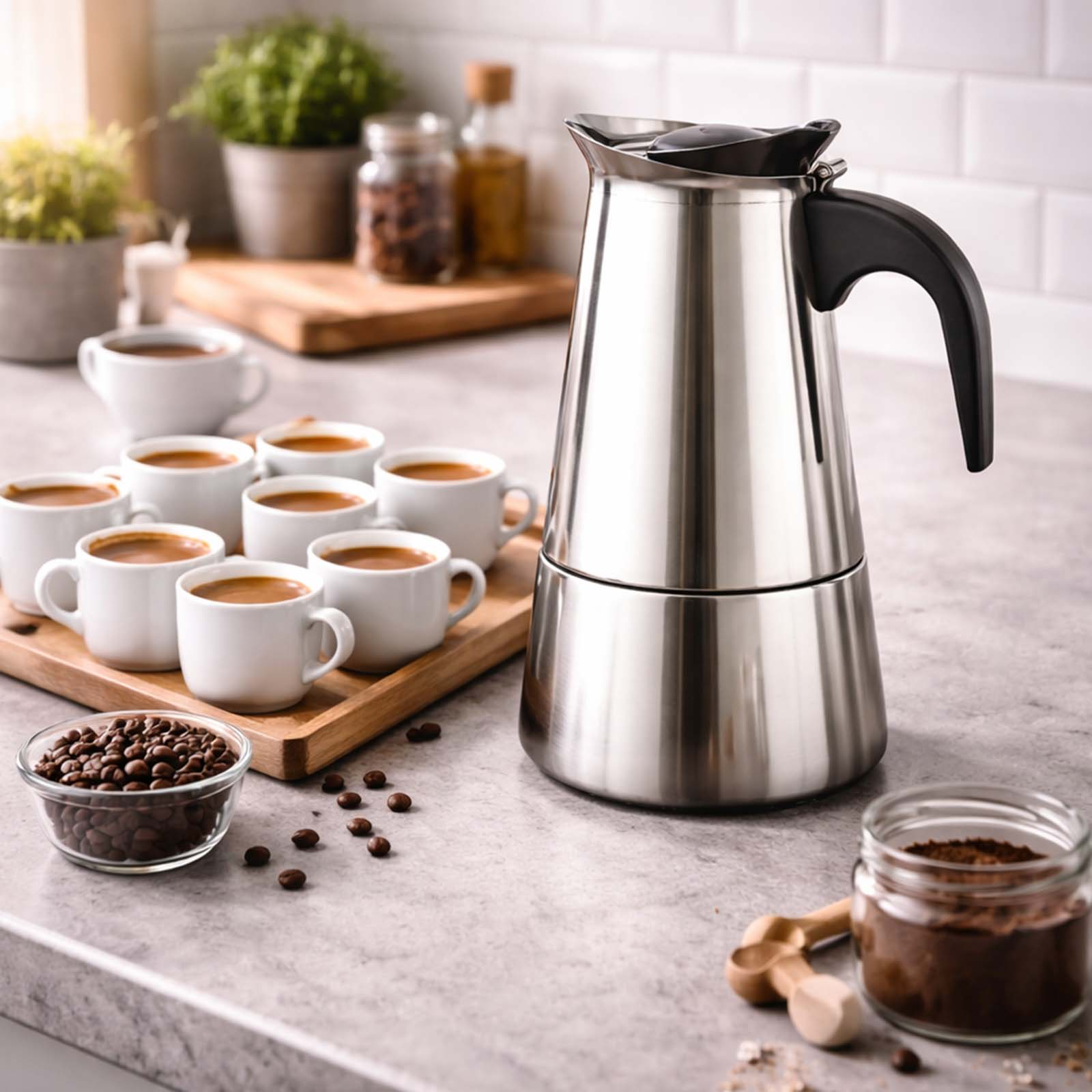 Edelstahl-Espressokocher mit Tassen, Kaffeebohnen und Pulver auf einer Arbeitsplatte.