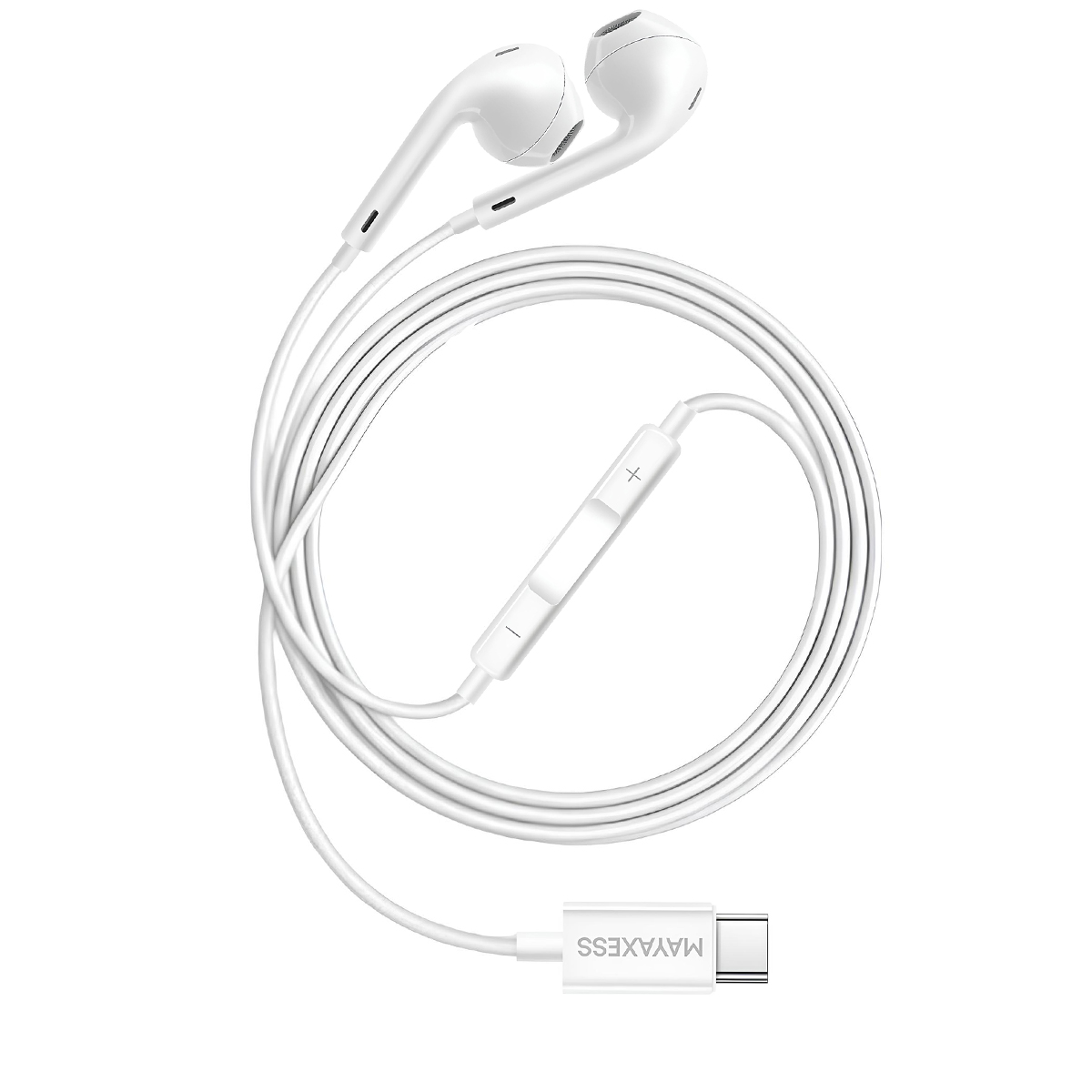 Auricolari bianchi con cavo, connettore USB-C e controlli in linea.