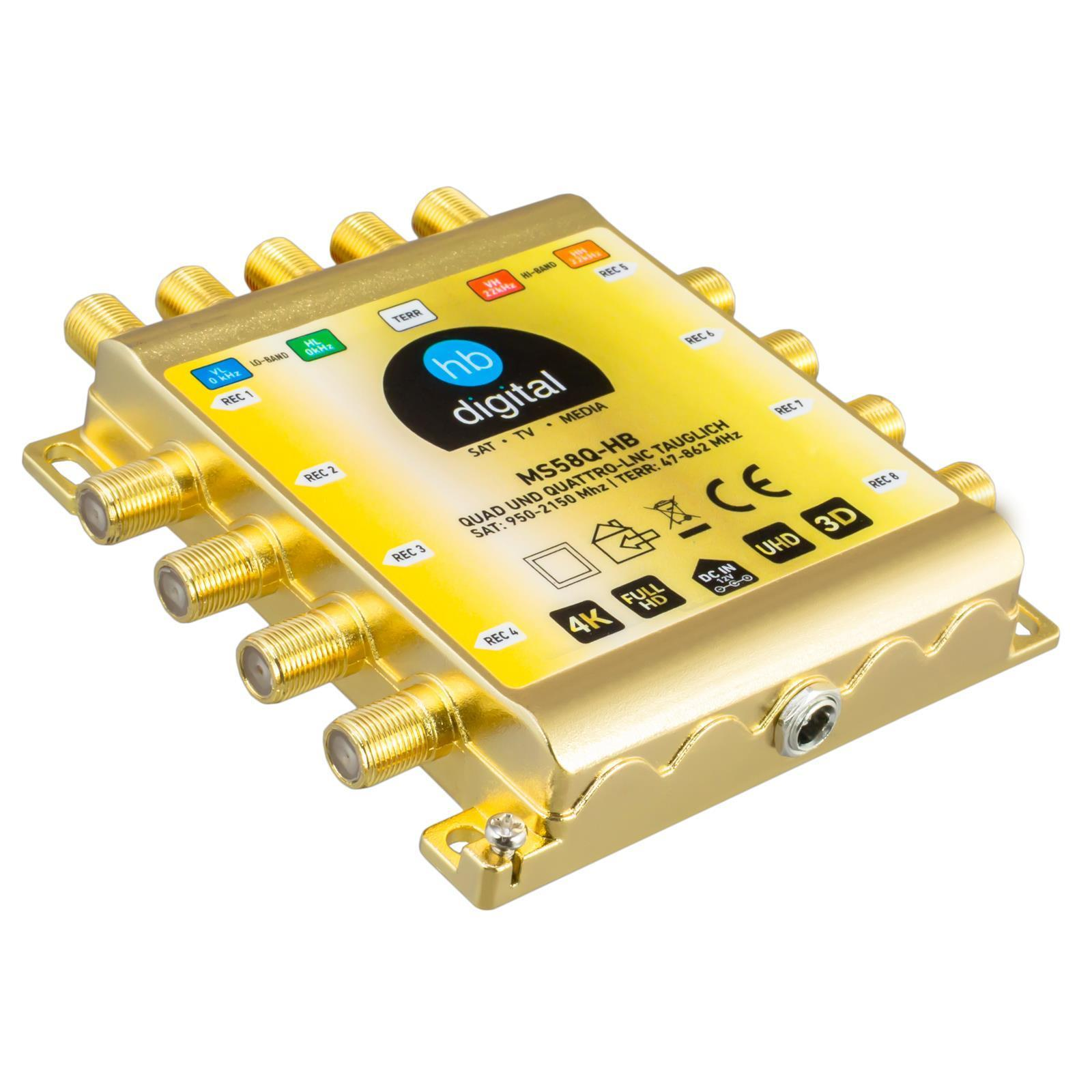 Ein goldener LNB-Splitter mit 8 Ausgängen, beschriftet mit hb digital und technischen Daten.