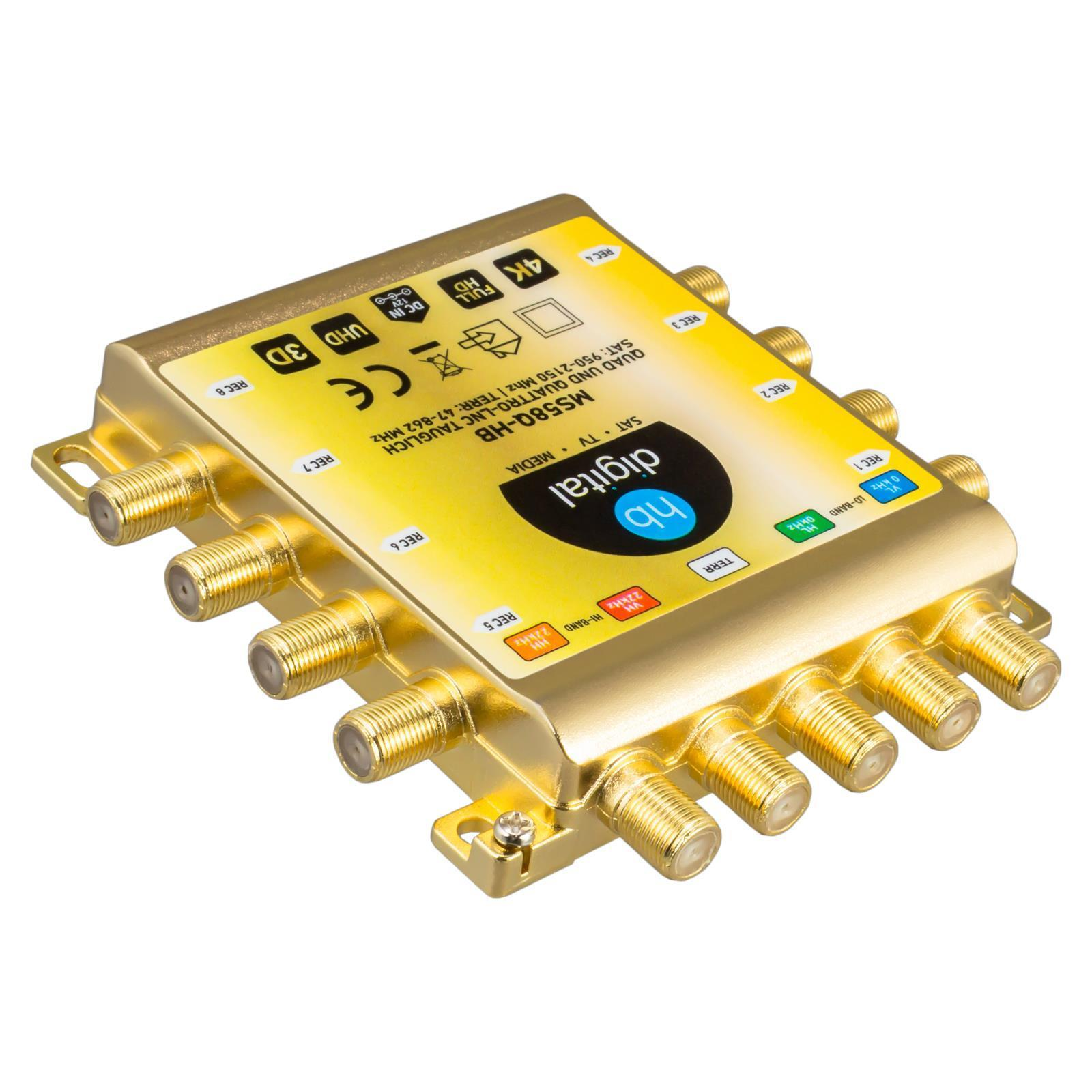 Ein goldener Satelliten-Multischalter mit vielen Anschlüssen und Beschriftungen.