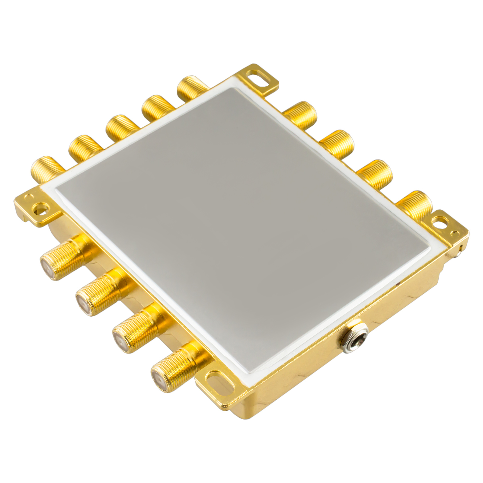 Ein goldener, rechteckiger Verteiler mit vielen Anschlüssen auf beiden Seiten.