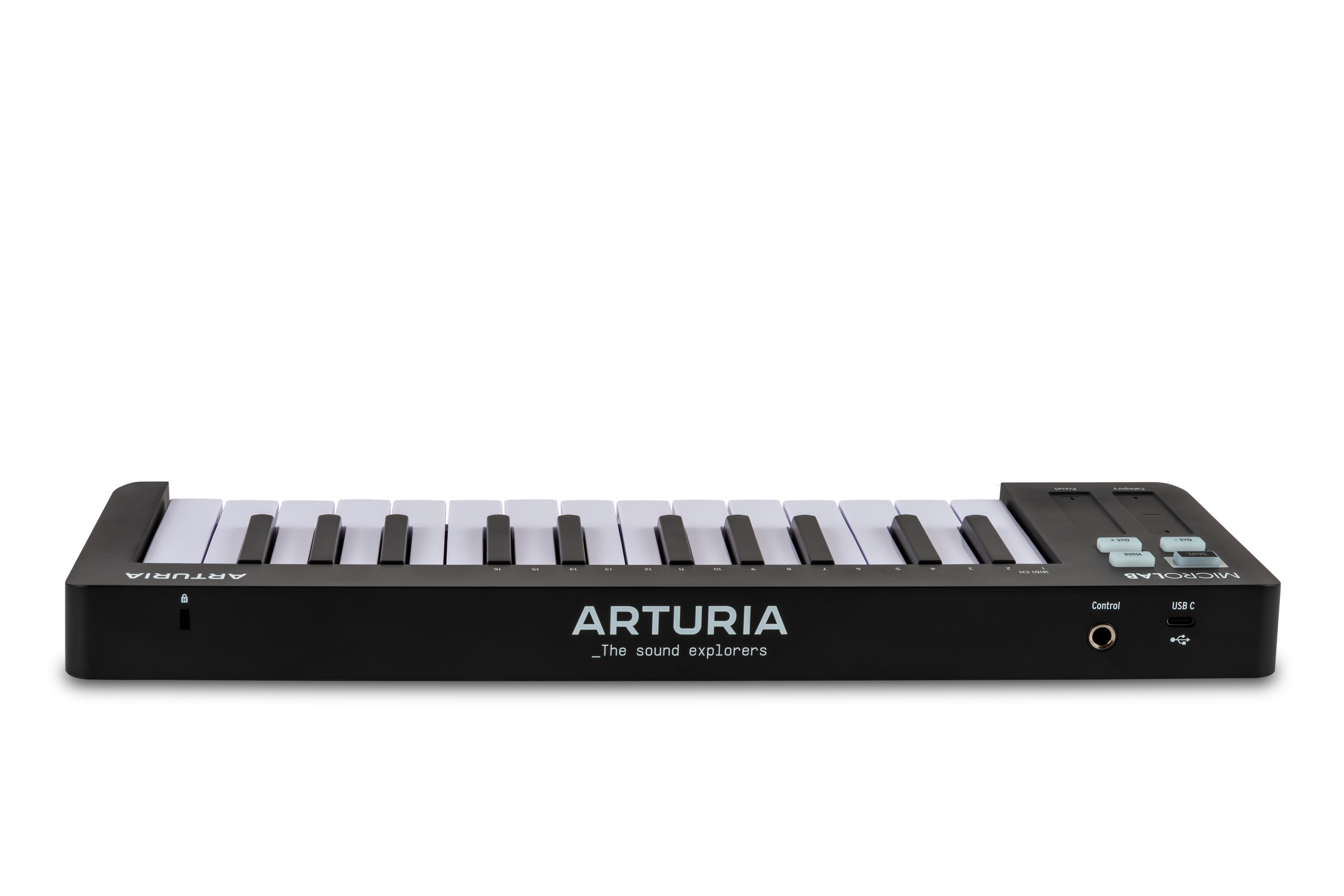 Ein schwarzer Arturia MIDI-Controller mit 25 Tasten und Bedienelementen.