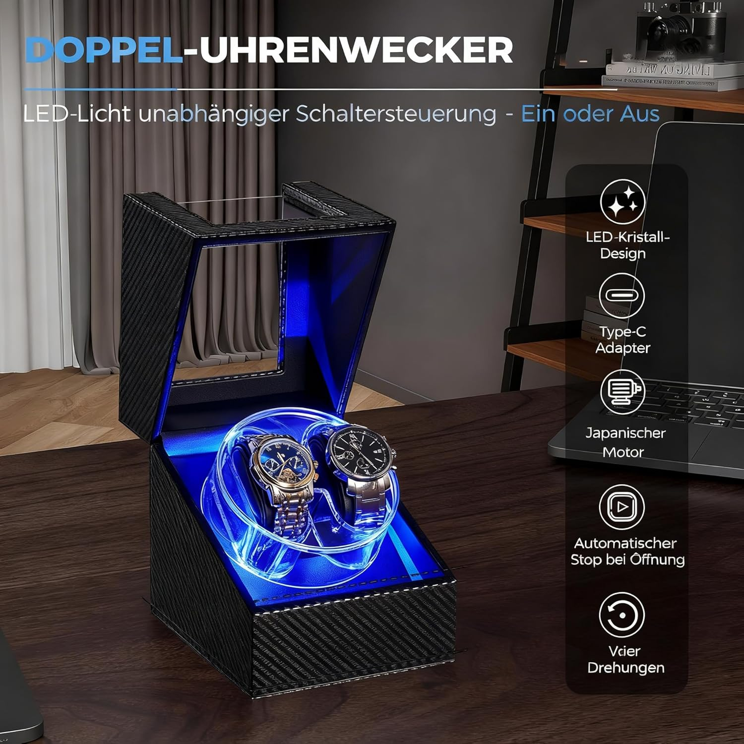 Ein doppelter Uhrenbeweger mit blauer LED-Beleuchtung und zwei Uhren.