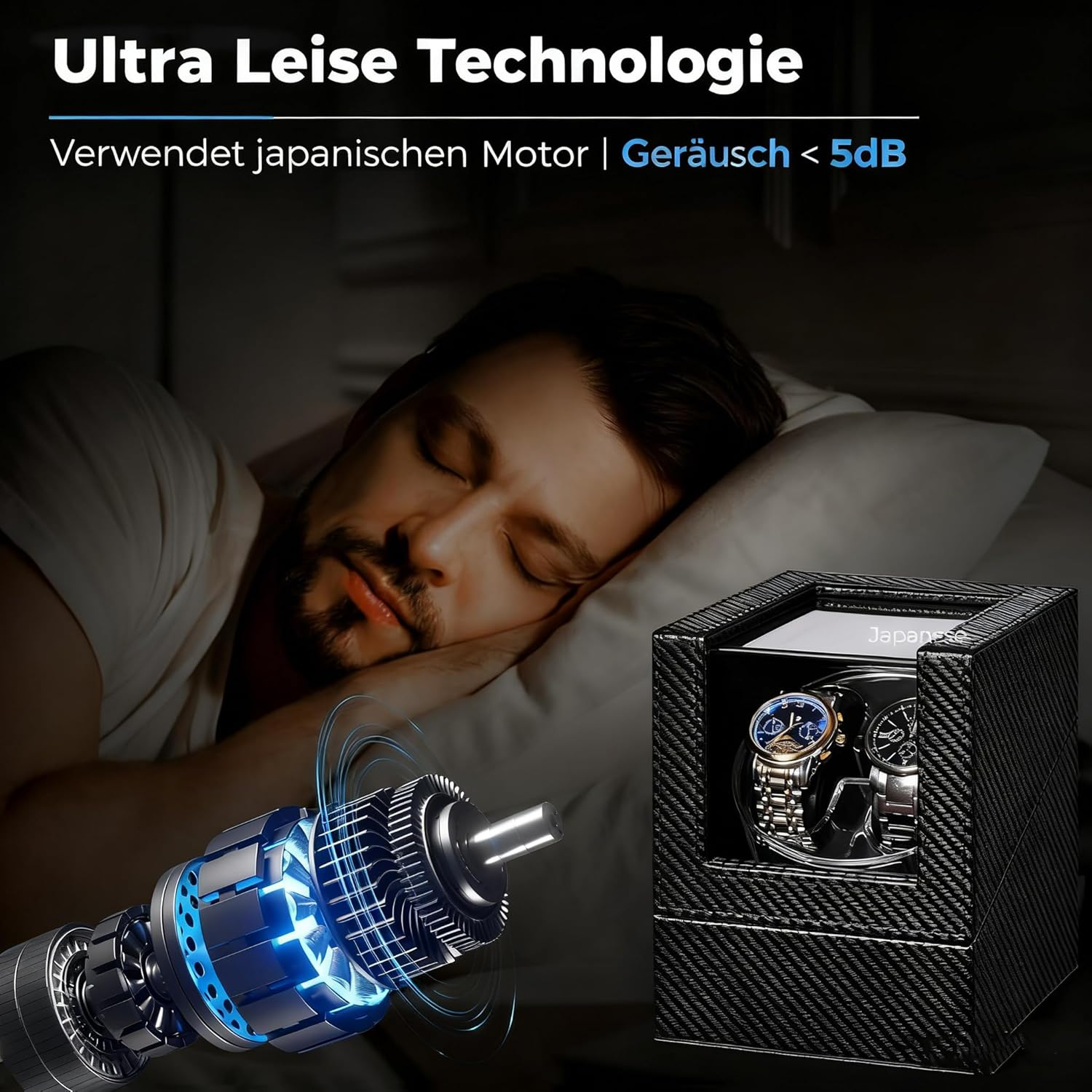 Mann schläft, neben einem Uhrenbeweger mit zwei Uhren und einem Motor.