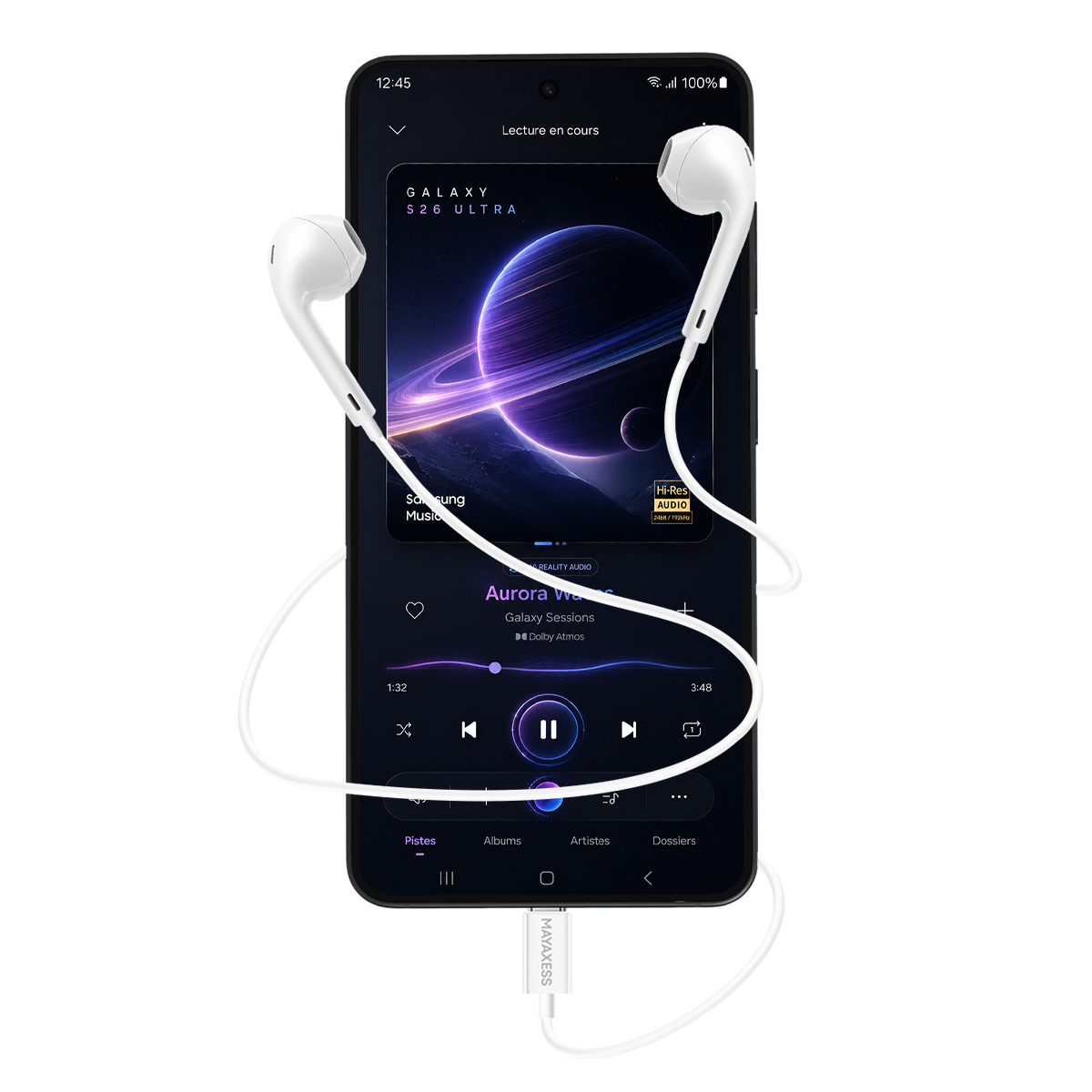 Uno smartphone con auricolari mostra un'app musicale a tema spaziale.