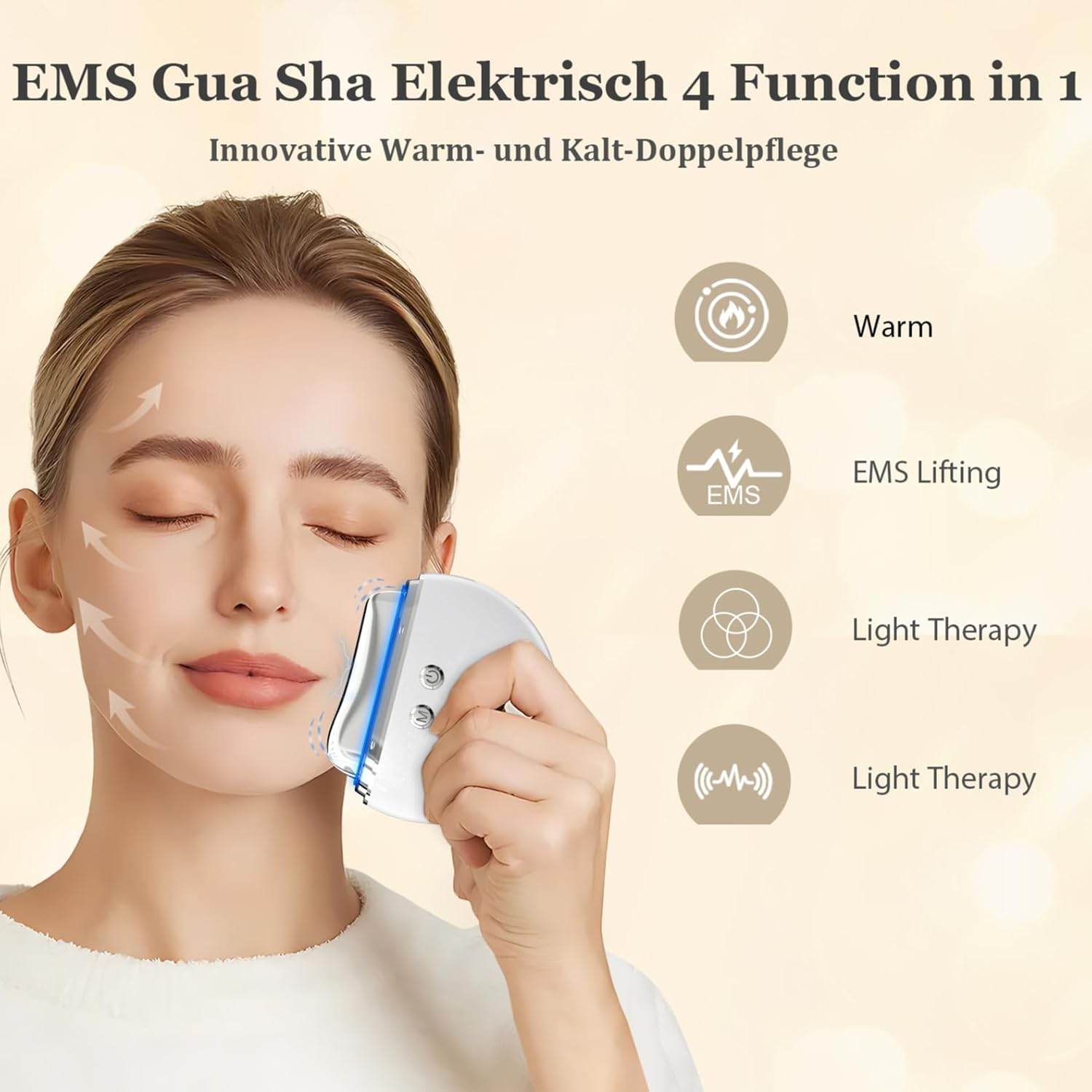 Frau mit EMS Gua Sha Gerät für Gesichtsbehandlung mit Wärme, EMS, Lichttherapie.