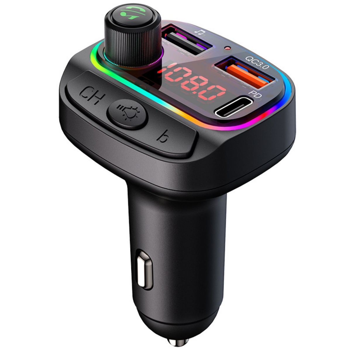 Schwarzes Autoladegerät mit LED-Anzeige, die 108,0, USB- und PD-Anschlüsse zeigt.