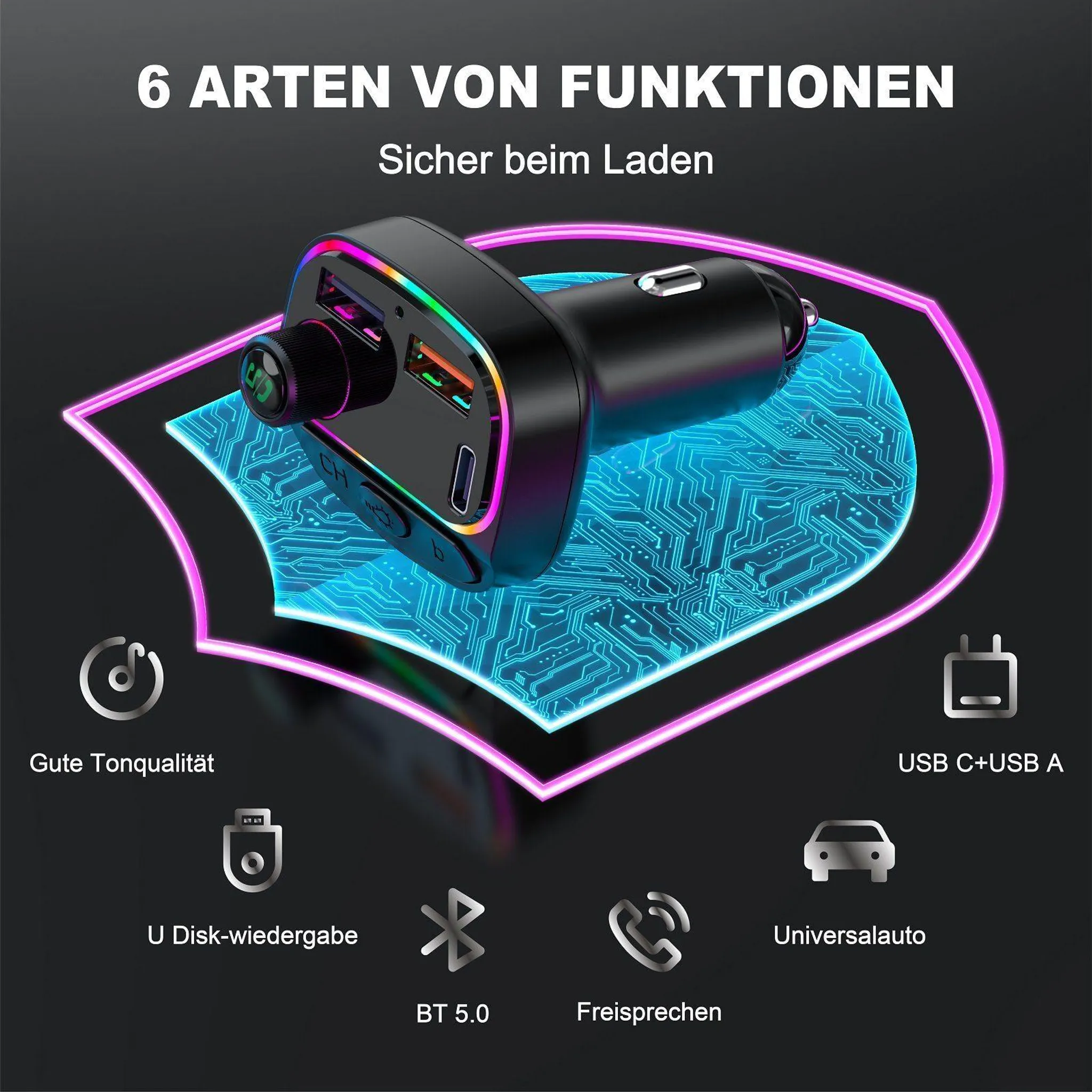 Schwarz Ladegerät mit bunten Lichtern, USB-Anschlüssen, auf Leiterplatten-Design.
