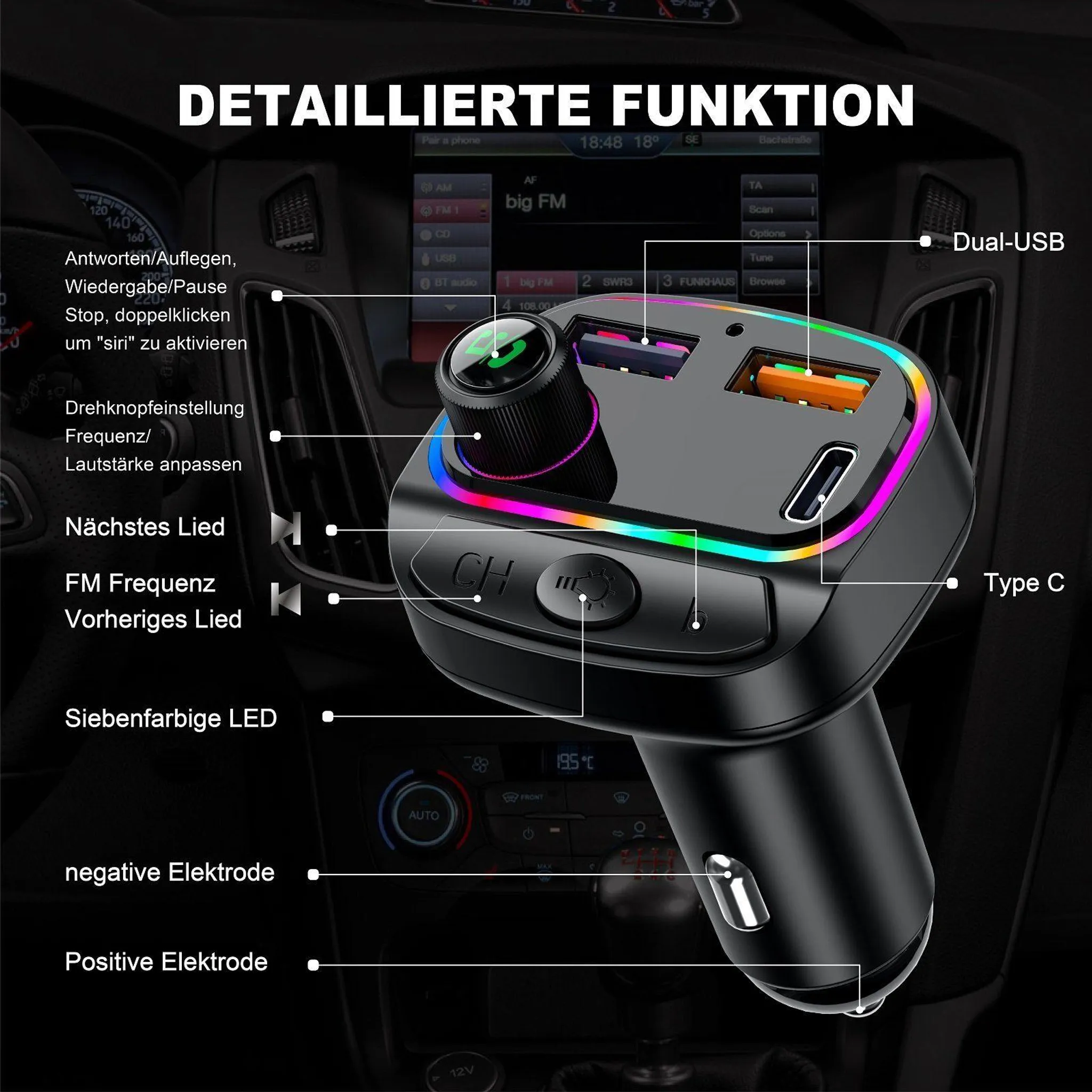 Ein Auto-Ladegerät mit Dual-USB und Typ-C-Anschluss, beleuchtet und auf dem Armaturenbrett.