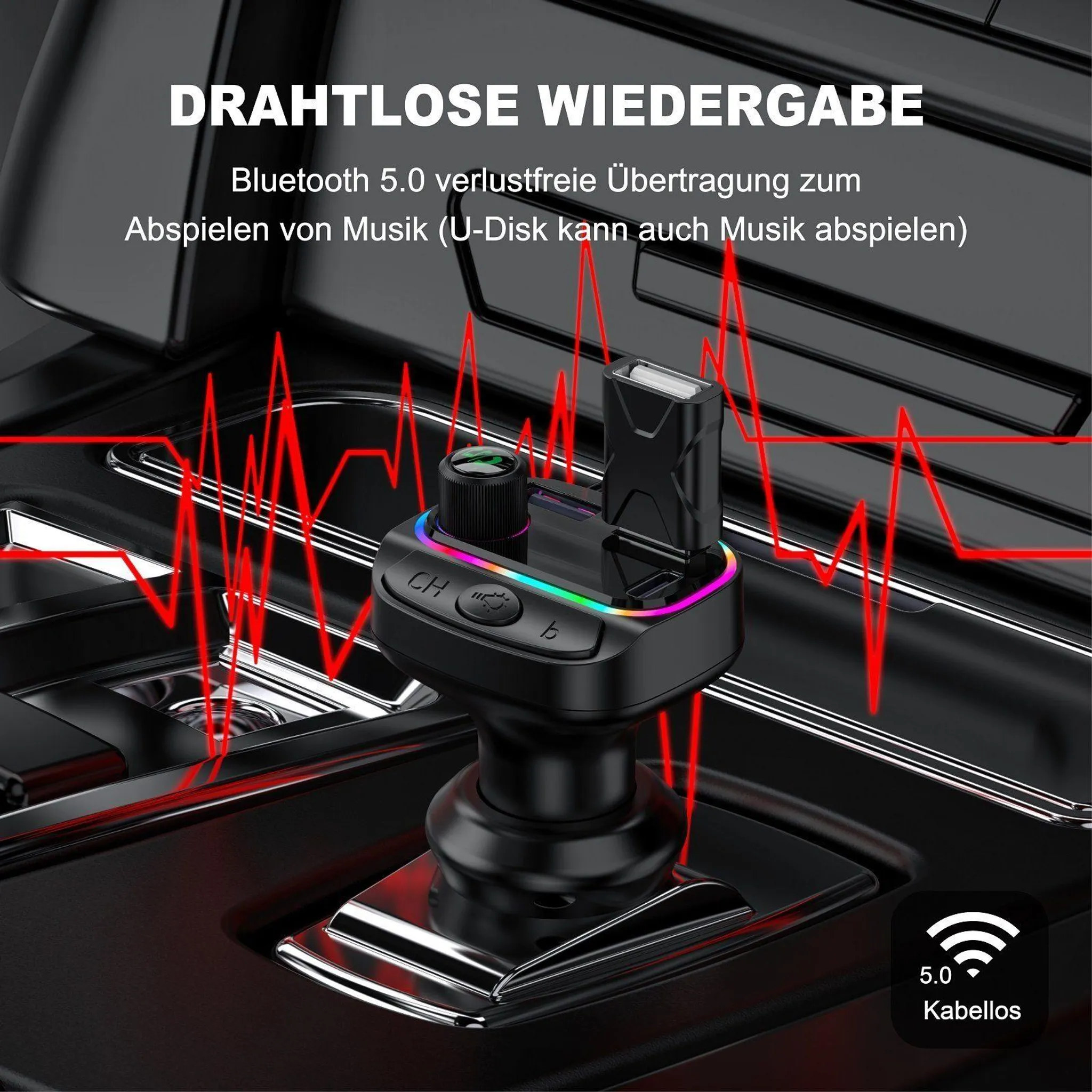 Schwarz Bluetooth 5.0 Audiotransmitter mit rot-blauen Lichtern in einem Auto.