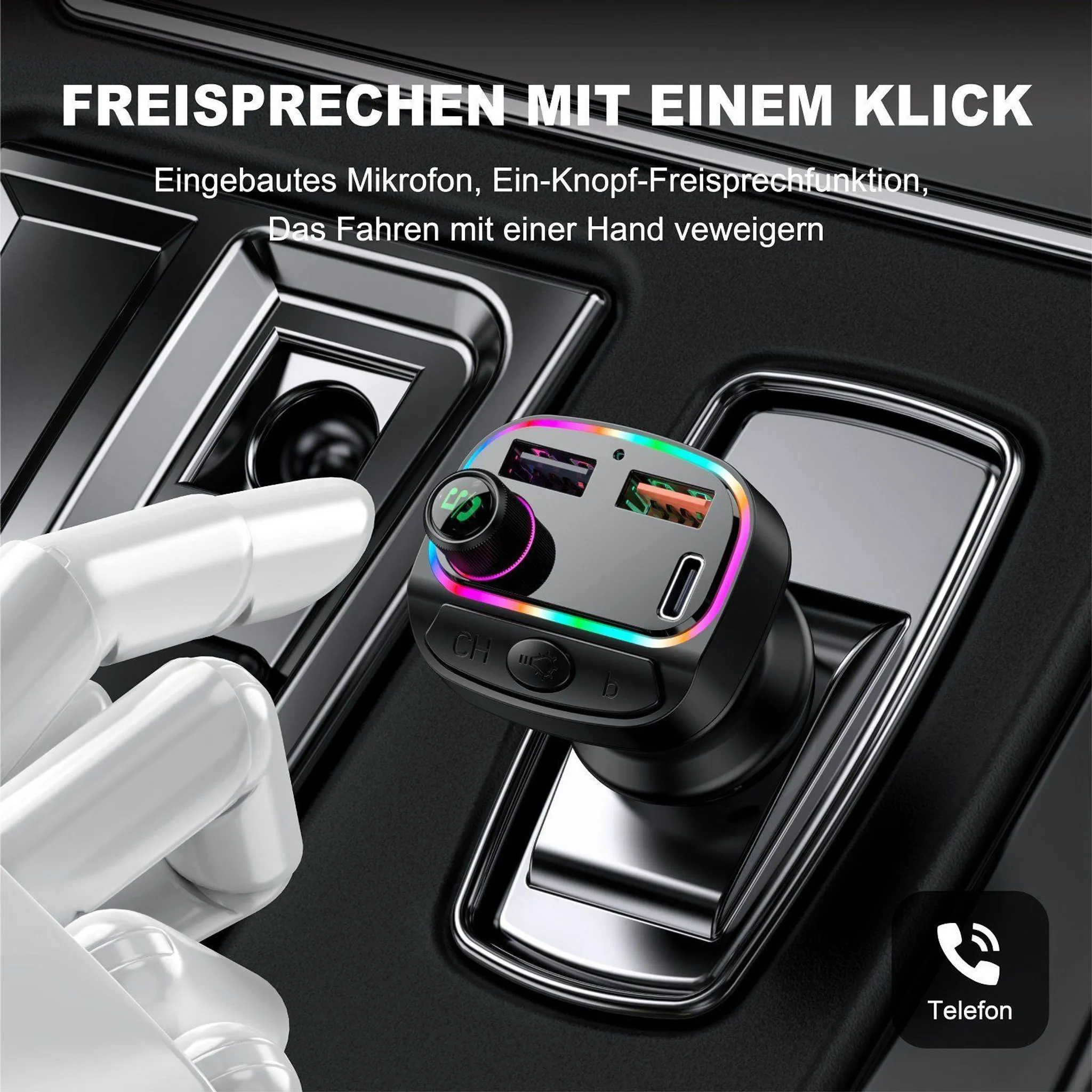 Ein schwarzer KFZ-Freisprecher mit bunten LEDs, zwei USB-Anschlüssen und einem Knopf.