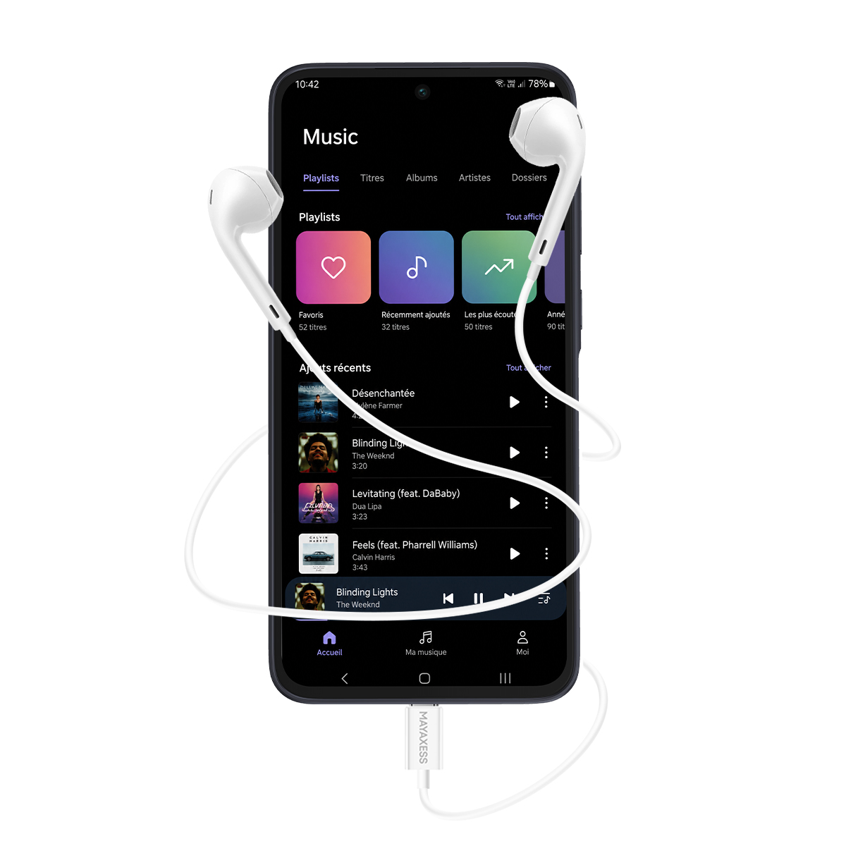 Uno smartphone con auricolari che mostra un'applicazione musicale.