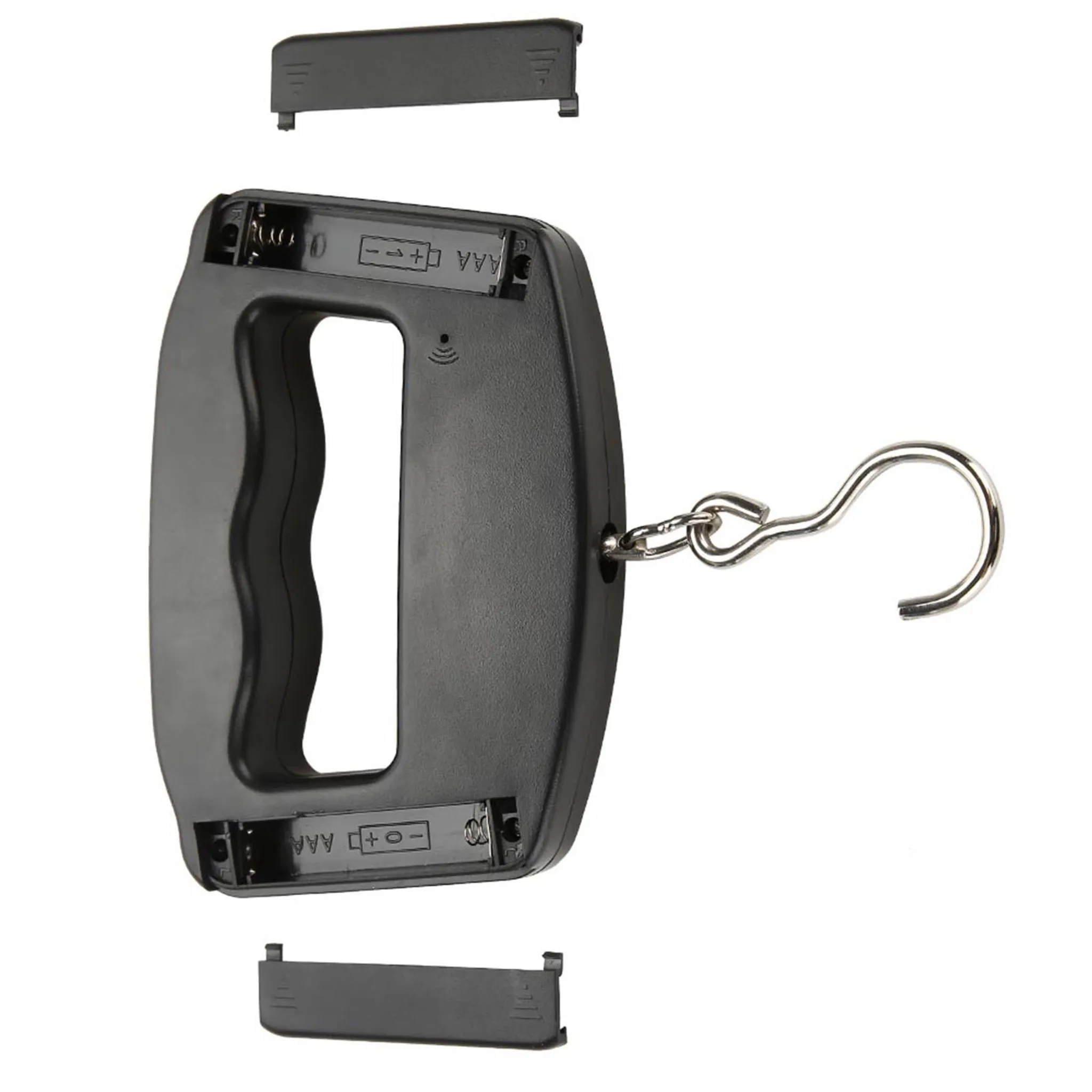 Schwarze Waage mit Haken und Batteriefachdeckel, der abgenommen wurde.