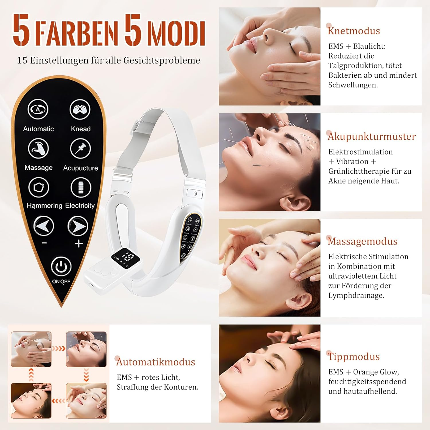 Ein V-förmiges Gerät mit verschiedenen Modi für Gesichtspflege: Kneten, Akupunktur, Massage, Tippmodus.