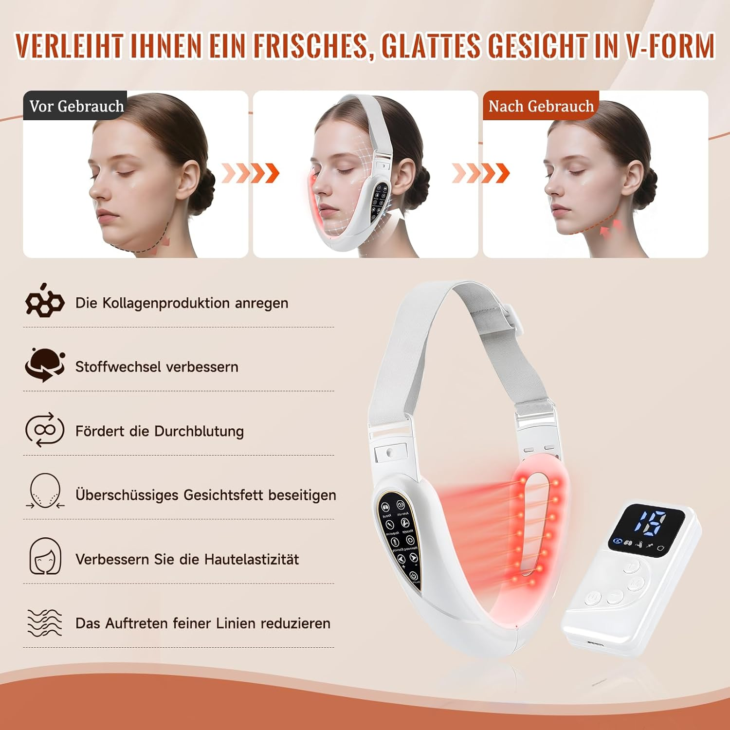V-förmiges Gesichtsstraffungsgerät mit Fernbedienung und Anwendungsvorher/Nachher-Bildern.