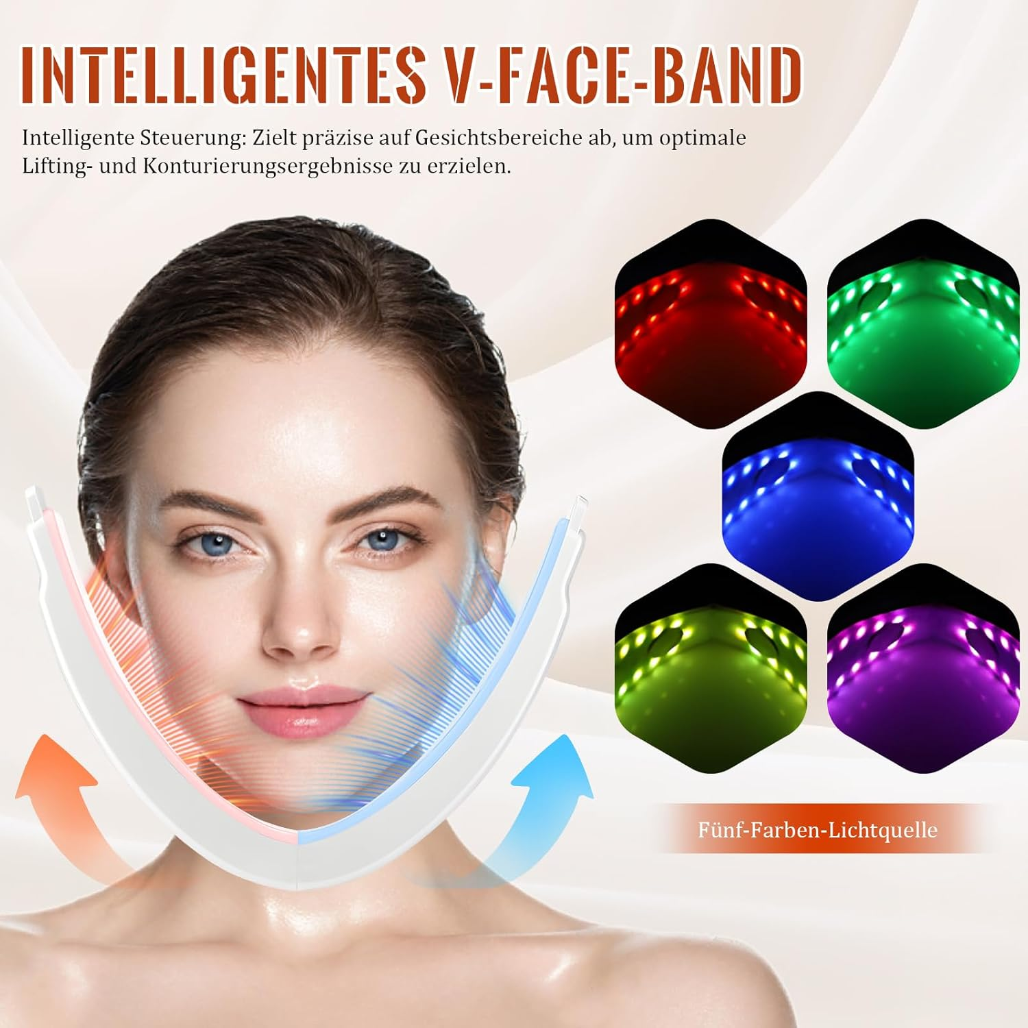 Frau mit V-Face-Band, das angelegt wird. Daneben fünf Lichtquellen in verschiedenen Farben.