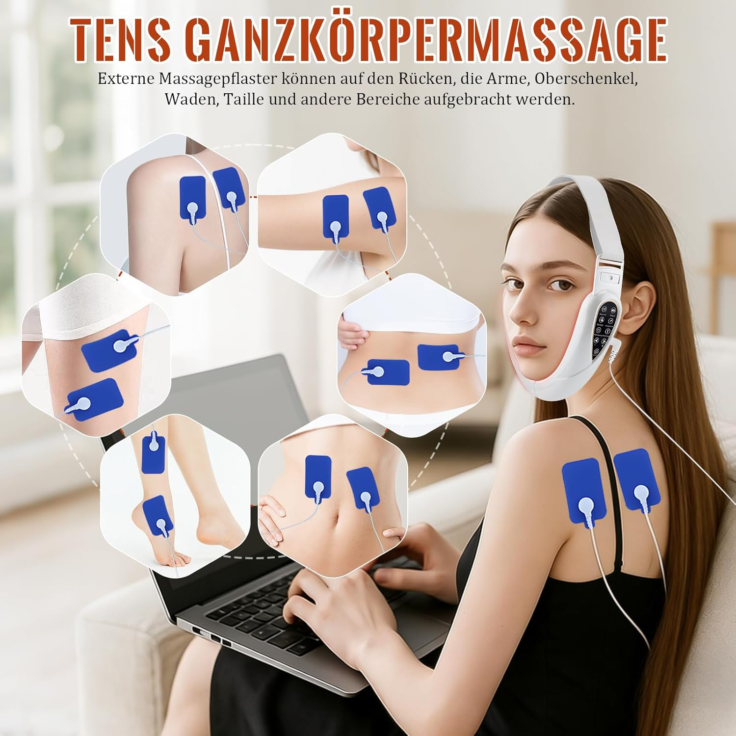 Frau mit TENS-Massagegeräten im Gesicht, Schulter, Arm, Bauch und Bein.