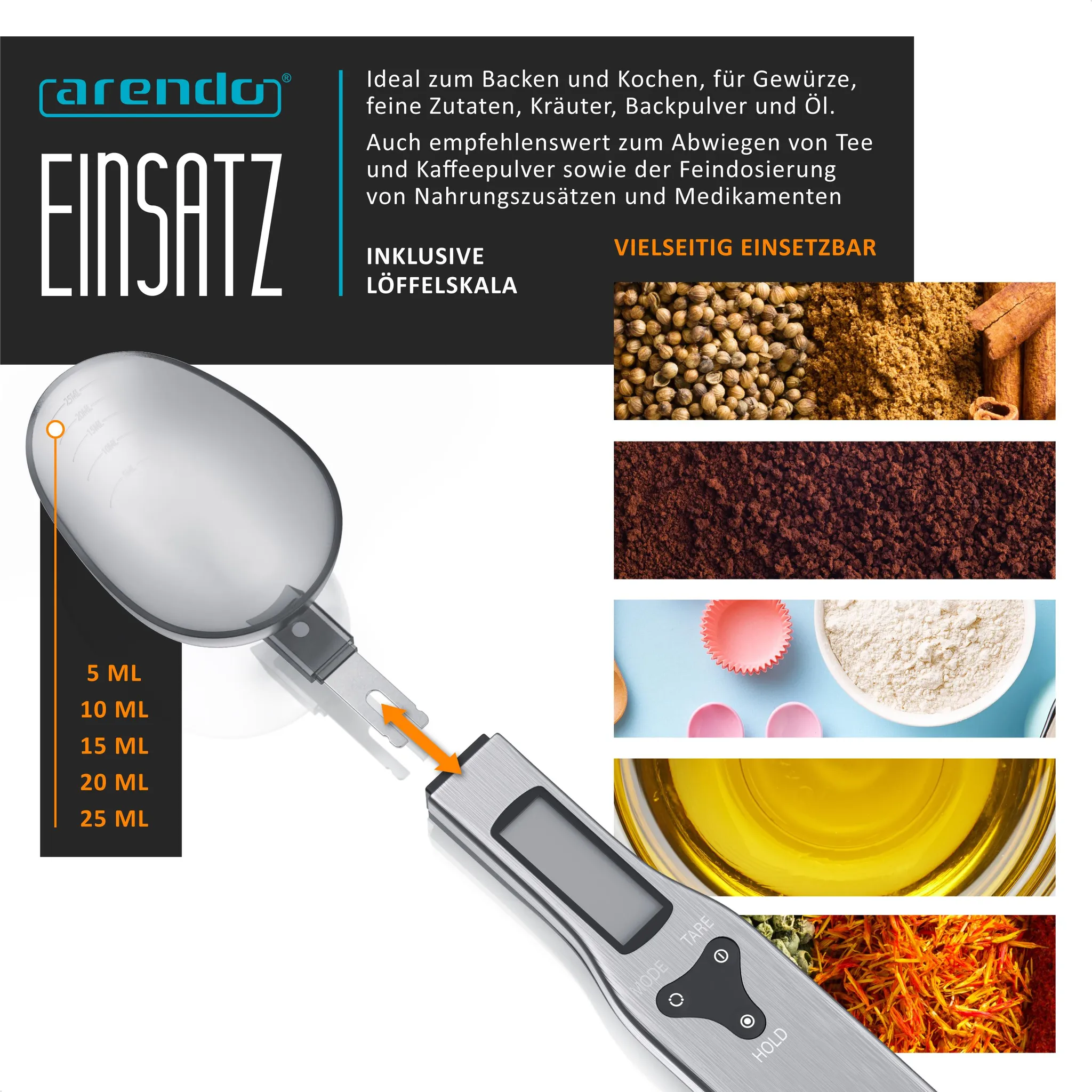 Digitale Löffelwaage mit Messskala, Zubehör, Gewürzen und Öl.