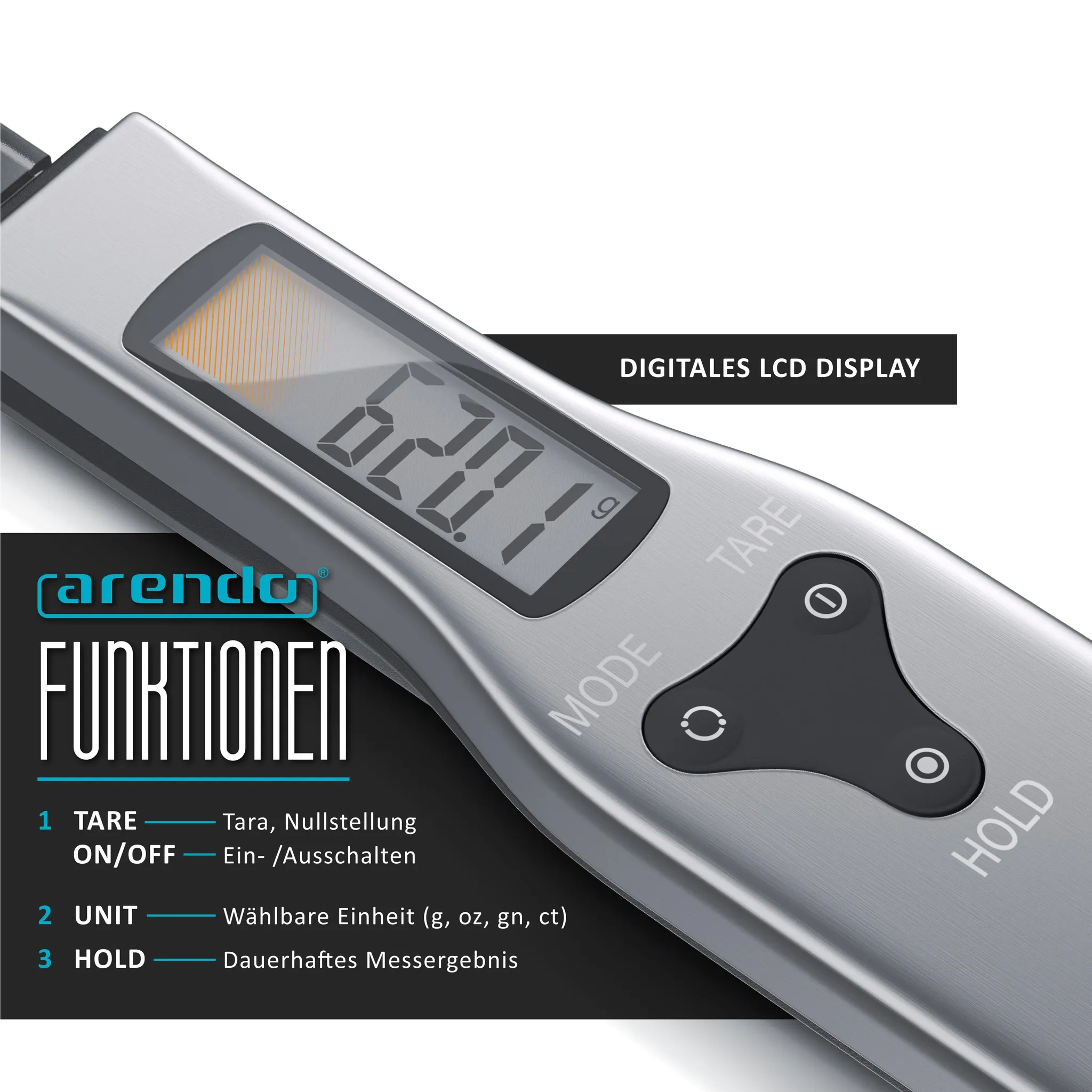 Silberne Digitalwaage mit LCD-Anzeige, die 620.1g anzeigt. Tasten für Tare, Mode, Hold.