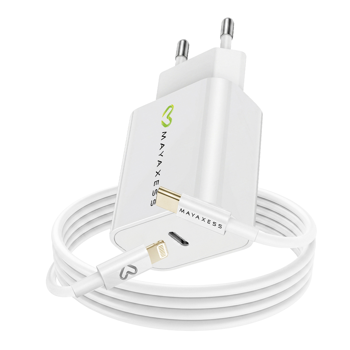 Ein weißes Ladegerät mit einem weißen Kabel und goldenen Anschlüssen.