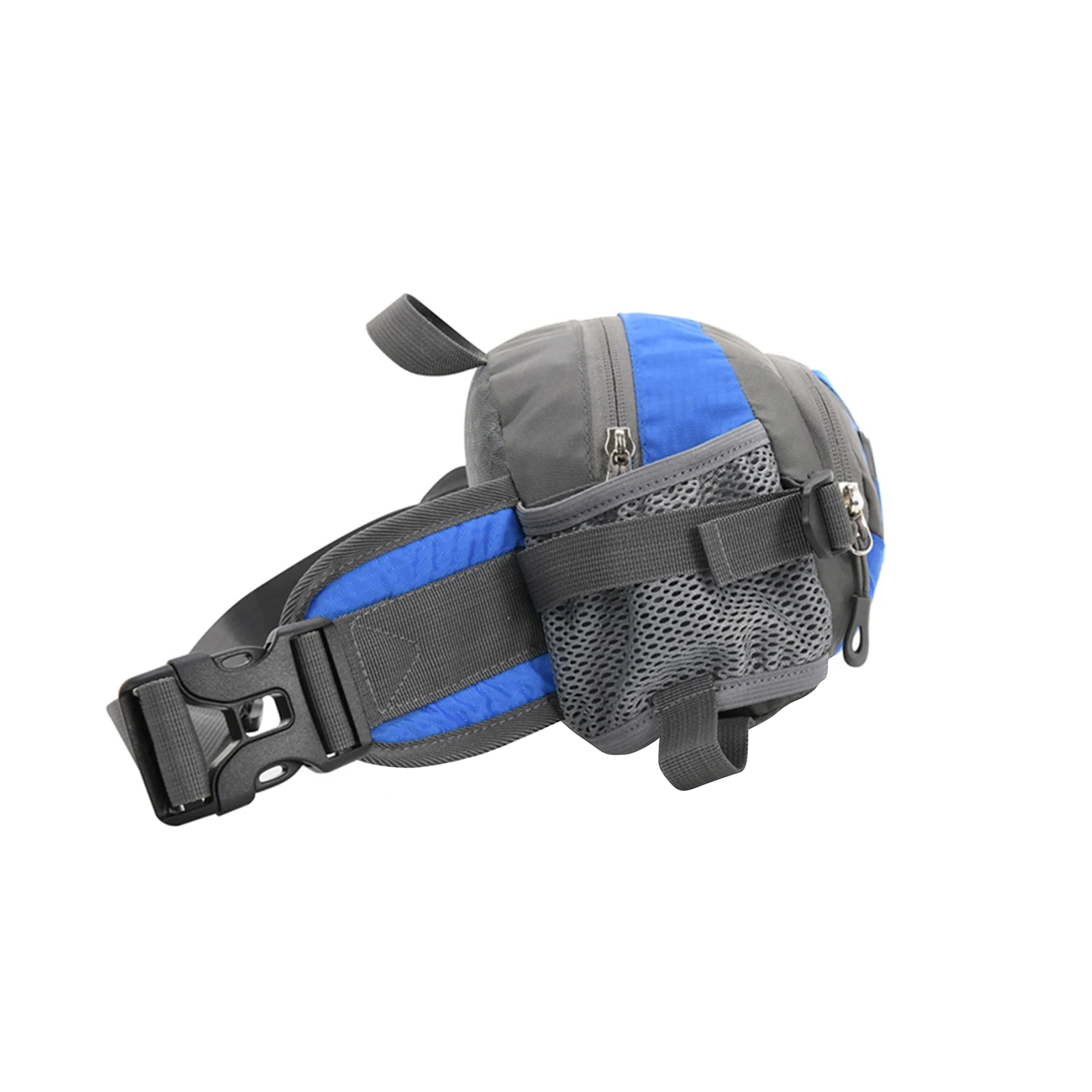 Graue und blaue Bauchtasche mit Reißverschluss und Netztasche.