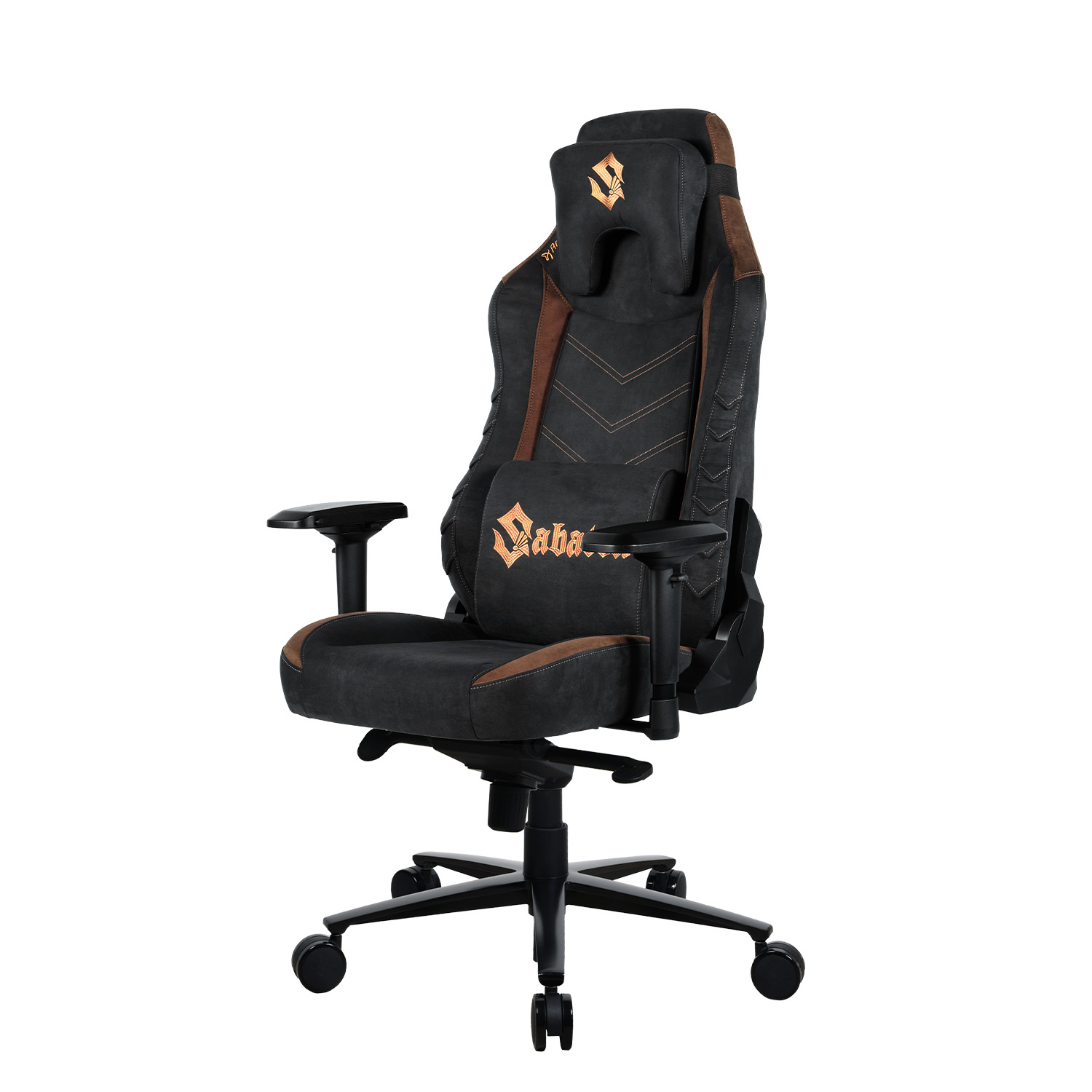 Ein schwarzer Gaming-Stuhl mit braunen Akzenten und einem Logo.