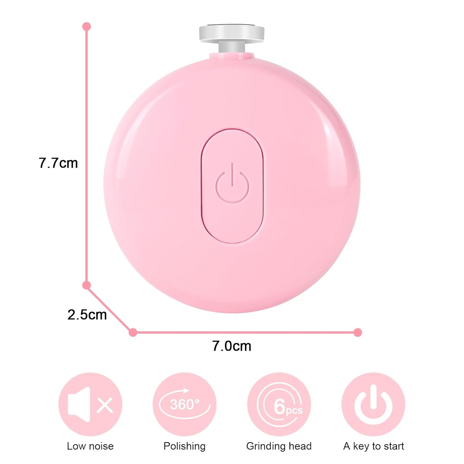 Ein rosa Baby-Nageltrimmer mit Ein/Aus-Taste und Maßangaben.