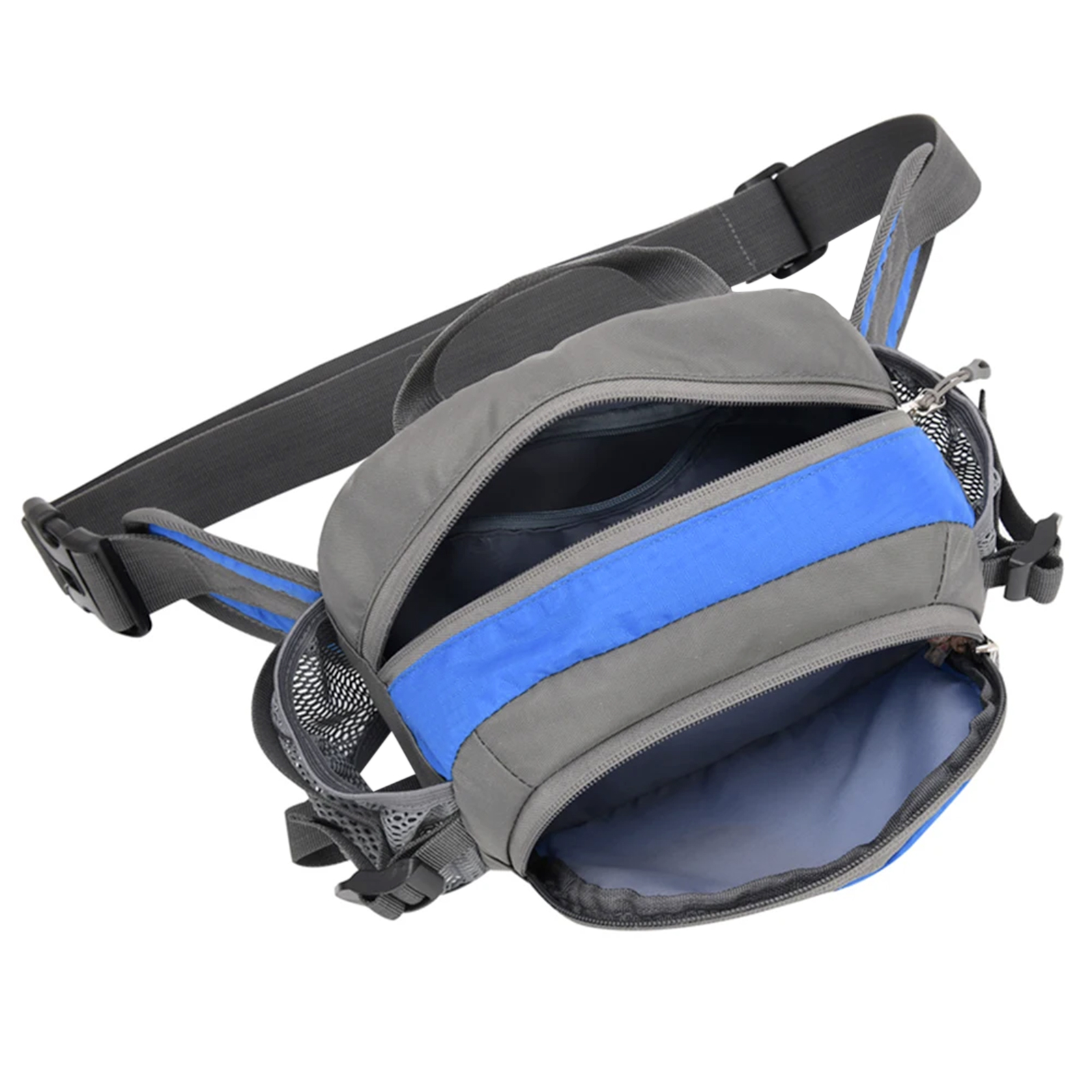 Graue Bauchtasche mit blauen Streifen und Netzfächern, Reißverschlüsse offen.