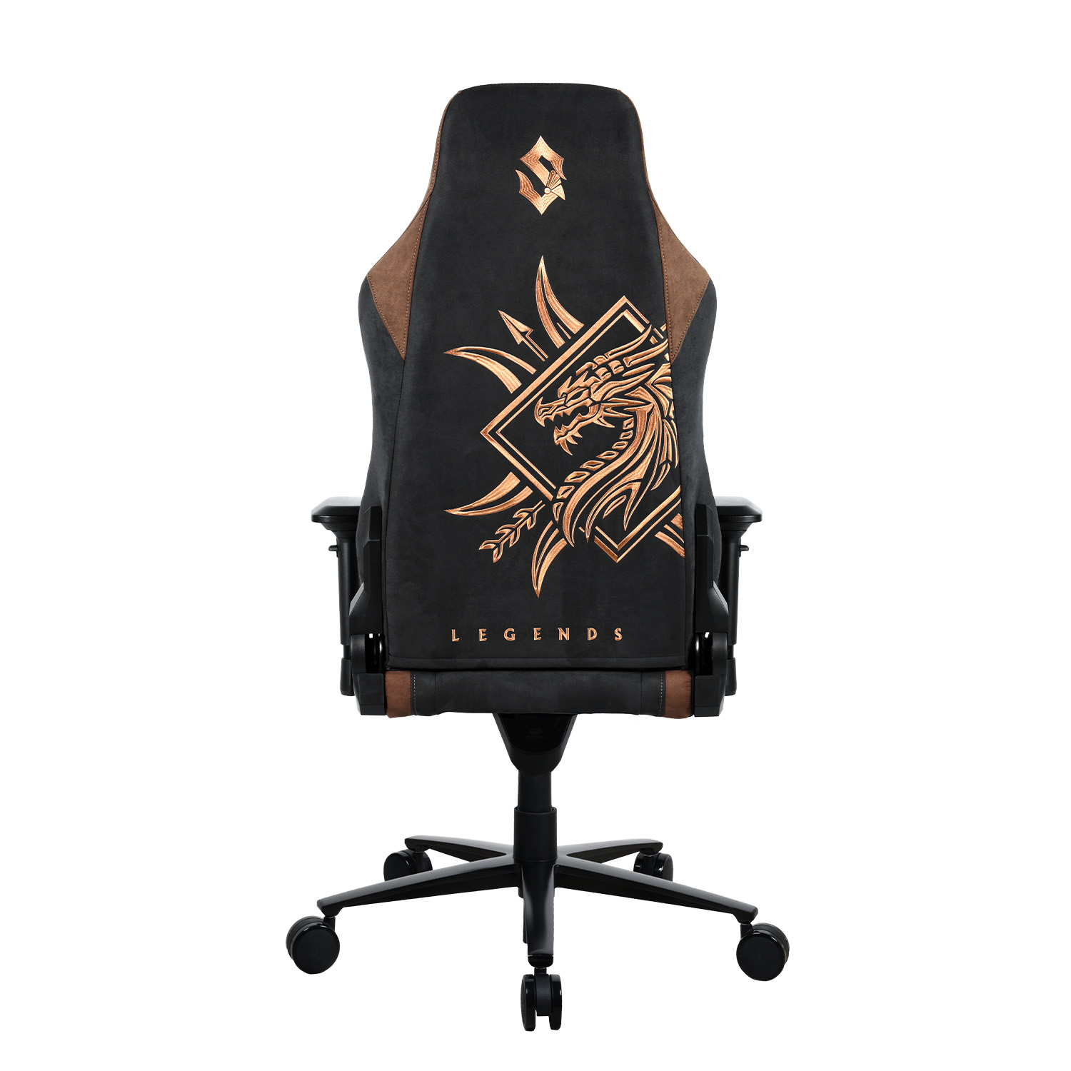Schwarzer Gaming-Stuhl mit Drachenmotiv und braunen Akzenten.