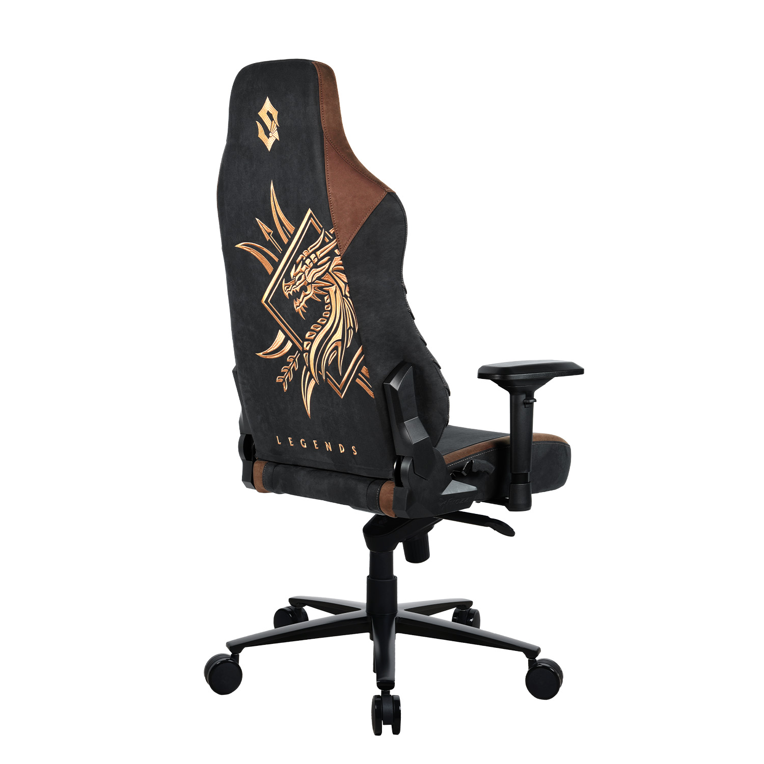 Schwarzer Gaming-Stuhl mit braunen Akzenten und goldenem Drachenmotiv.