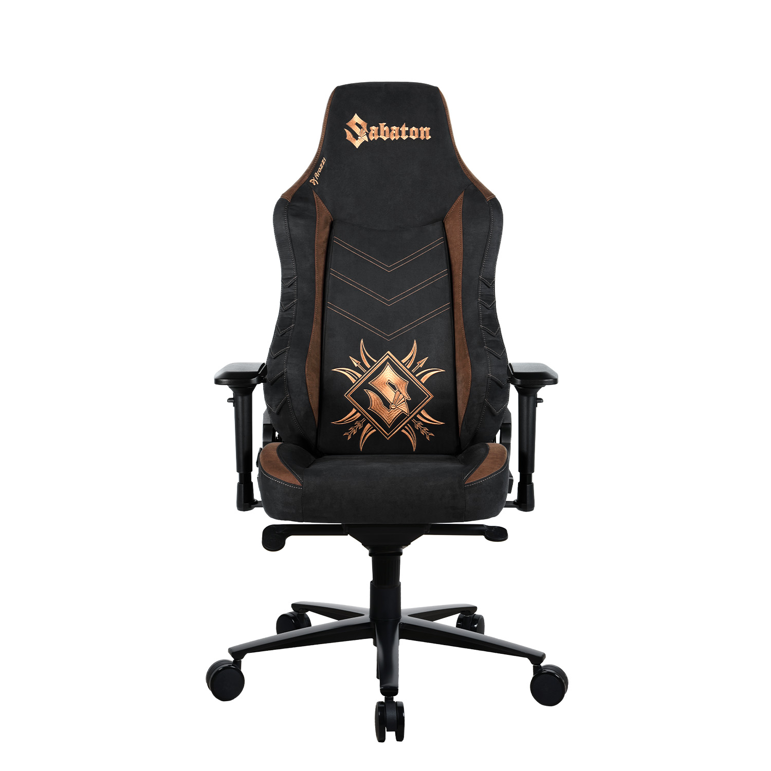 Ein schwarzer Gaming-Stuhl mit braunen Akzenten und dem Sabaton-Logo.