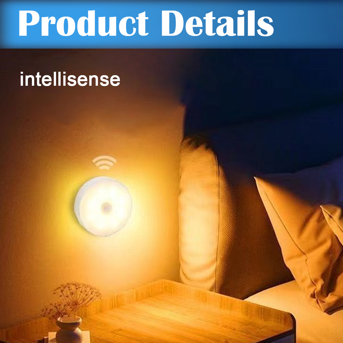 Eine runde Nachtlampe leuchtet an einer Wand neben einem Bett.