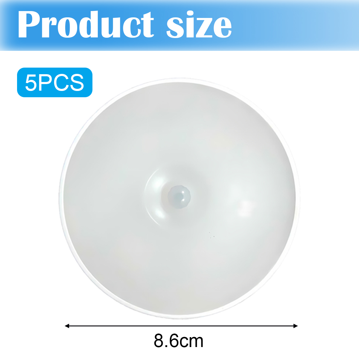 Weiße runde Lampe mit Bewegungssensor, 8,6cm Durchmesser, 5 Stück.