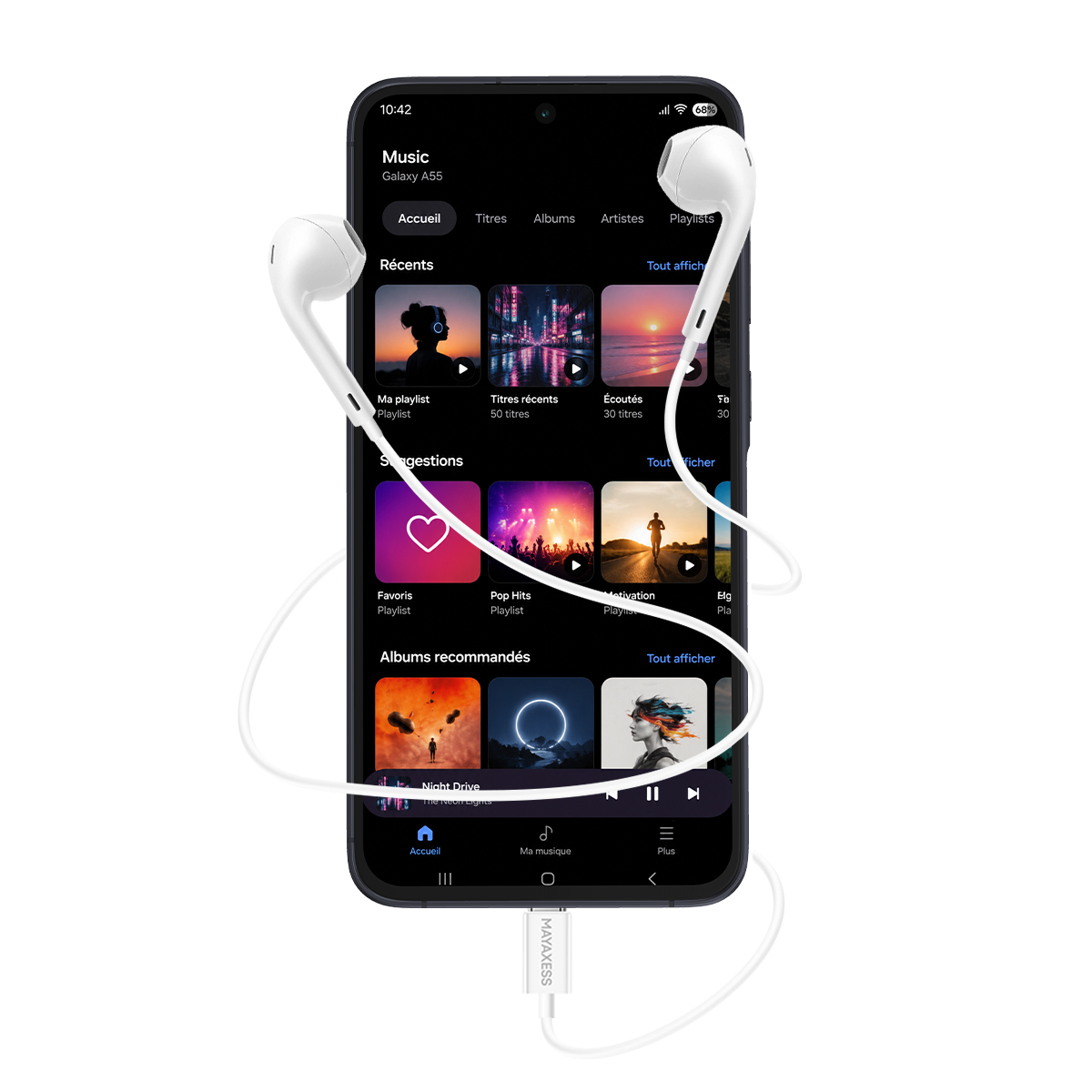 Uno smartphone mostra un'app musicale con auricolari. Lo schermo presenta varie opzioni musicali.