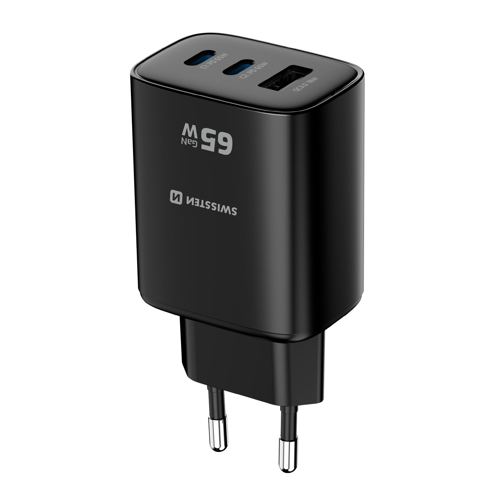 Schwarzer 65W GaN Ladegerät mit zwei USB-C und einem USB-A Port.