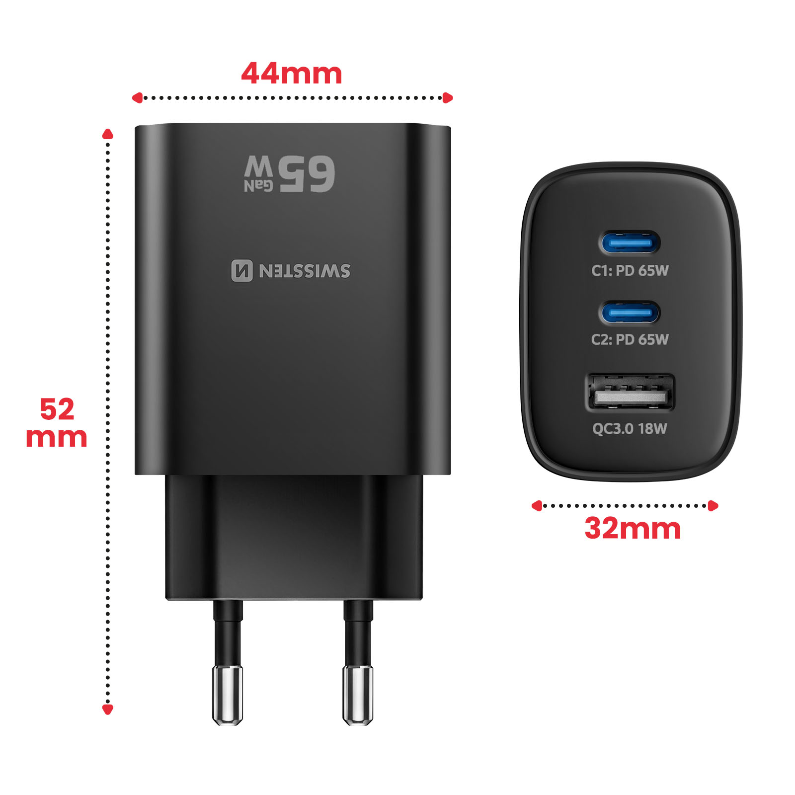 Schwarzes Netzteil mit 2 USB-C und 1 USB-A Port. Maße 52x44x32mm.