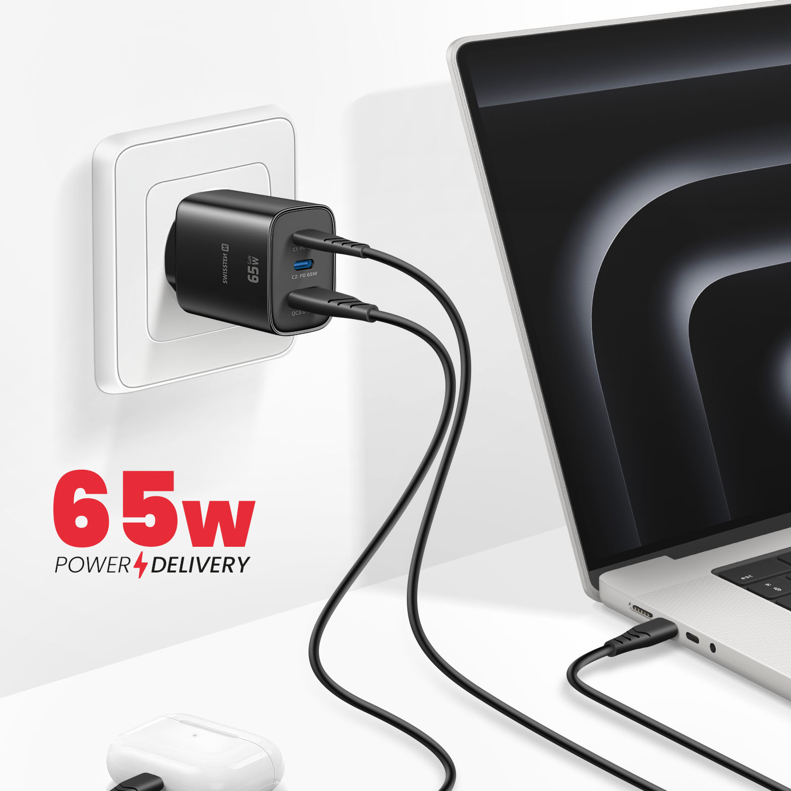 Schwarzes 65W GaN Ladegerät mit zwei Kabeln, eins für Laptop, eins für AirPods.