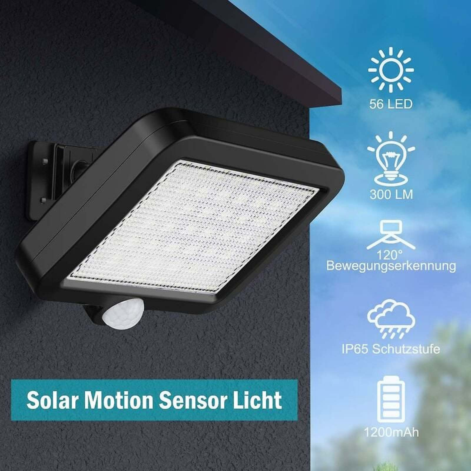 Schwarze Solar-Bewegungsmelder-Außenleuchte mit 56 LEDs, 300 lm, 120° Erfassung, IP65.