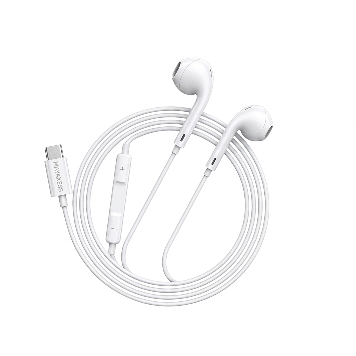 Auricolari bianchi con cavo, connettore USB-C e controlli in linea su sfondo bianco.