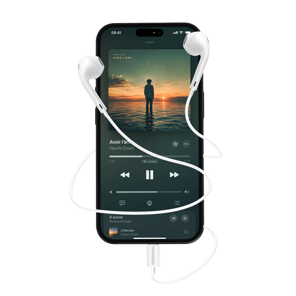 Uno smartphone bianco mostra un'app musicale con auricolari collegati.