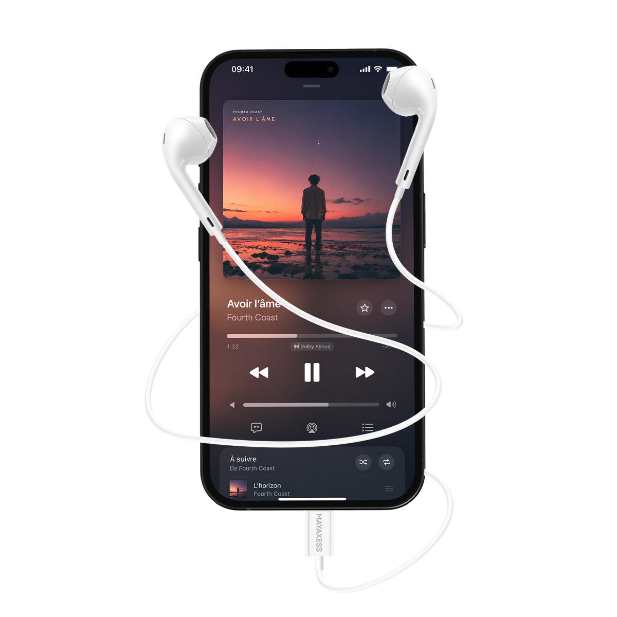 Uno smartphone con auricolari che riproducono musica di Fourth Coast.