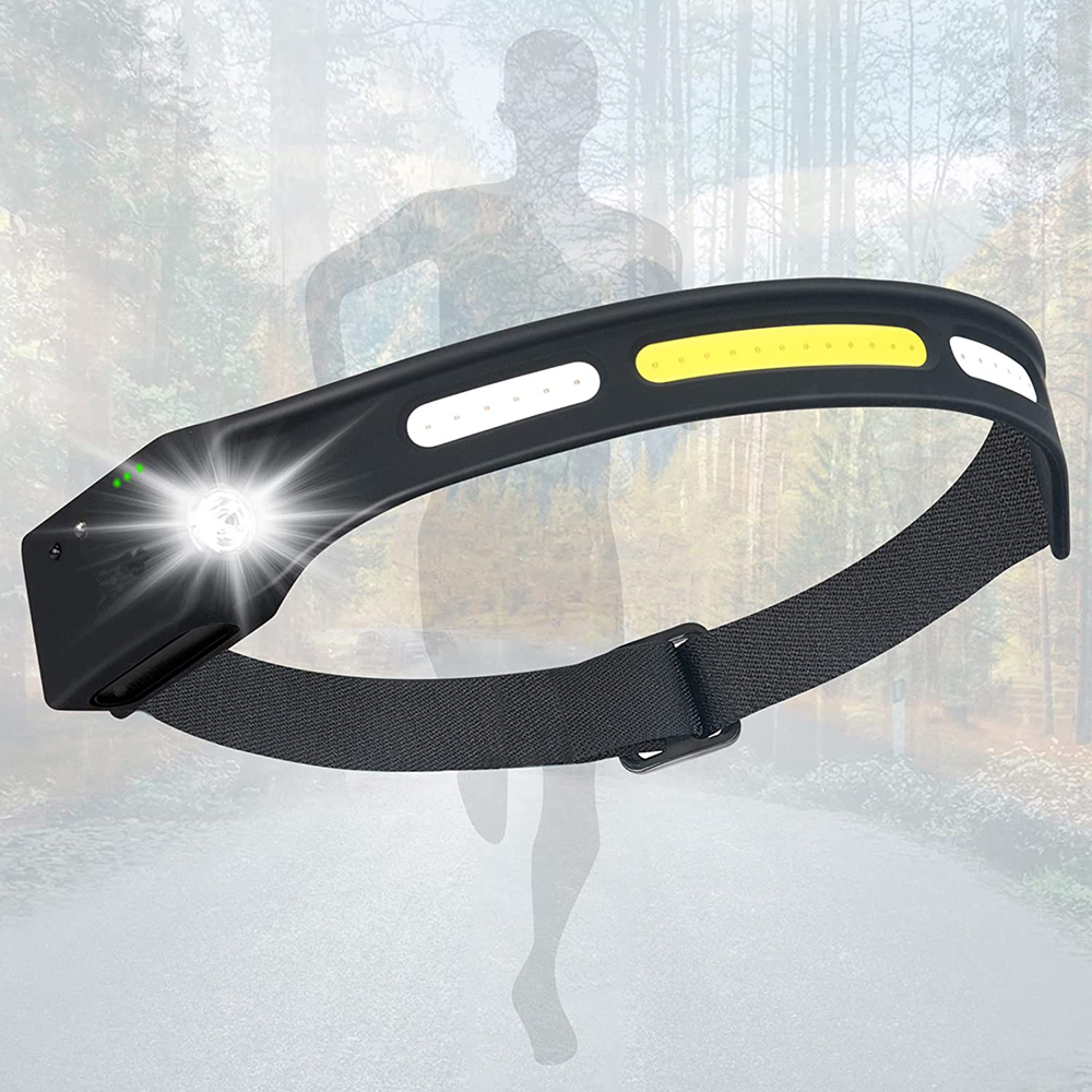 Stirnlampe mit hellem Licht, weiß und gelb, vor Läufer-Silhouette