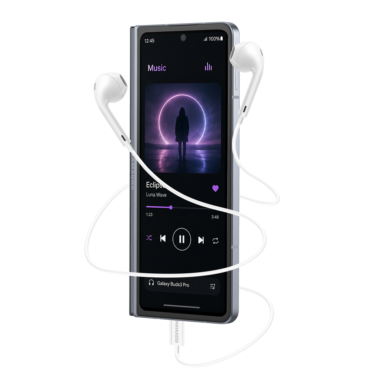Uno smartphone con auricolari mostra l'app musicale con una canzone e una silhouette.