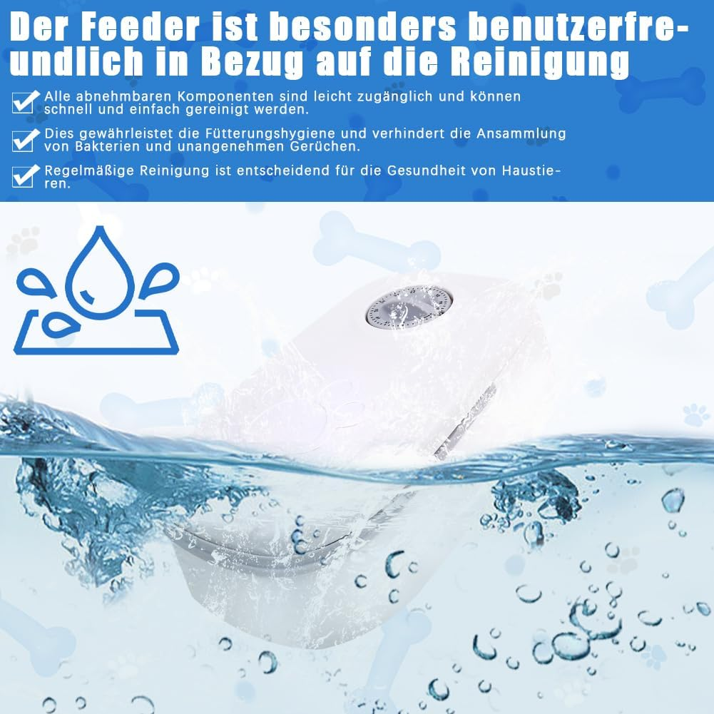 Ein weißer Futterspender wird in Wasser gereinigt. Symbole von Tropfen und Knochen sind zu sehen.