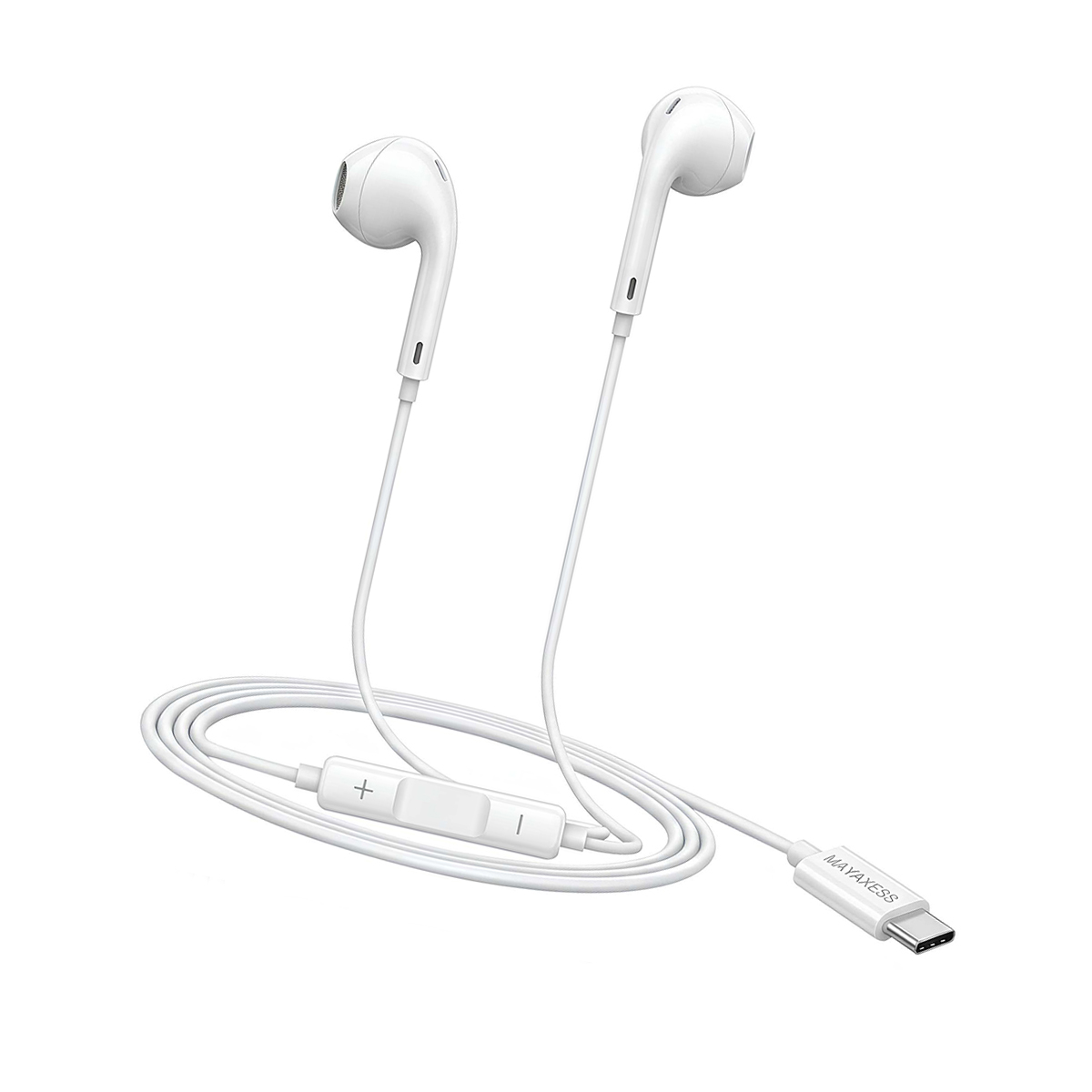 Auricolari bianchi con connettore USB-C e telecomando in linea su sfondo bianco.