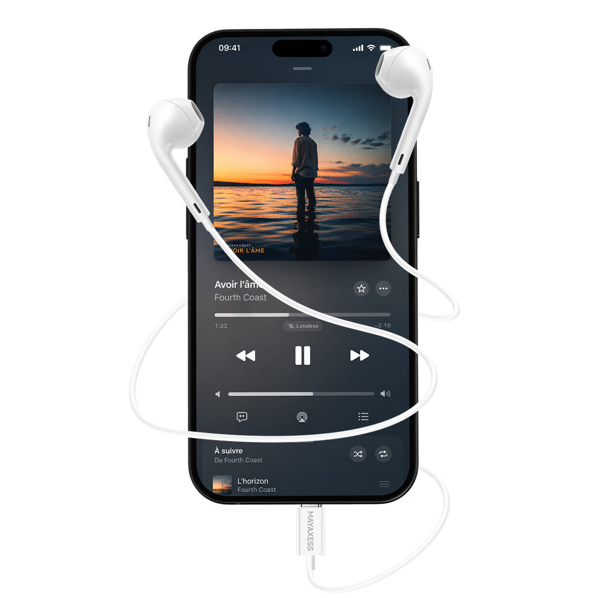 Uno smartphone riproduce musica con auricolari. Lo schermo mostra l'interfaccia di riproduzione.